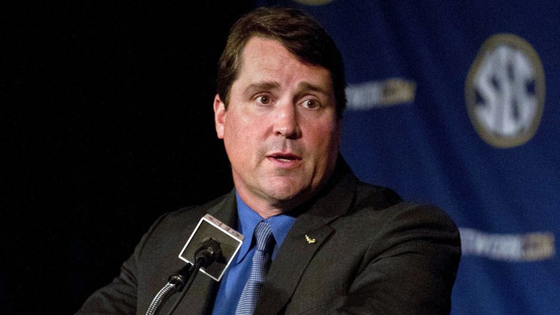 Jul 14, 2014; Hoover, AL, USA; Florida head coach Will Muschamp talks to the media during the SEC Football Media Days at the Wynfrey Hotel. Mandatory Credit: Marvin Gentry-USA TODAY Sports