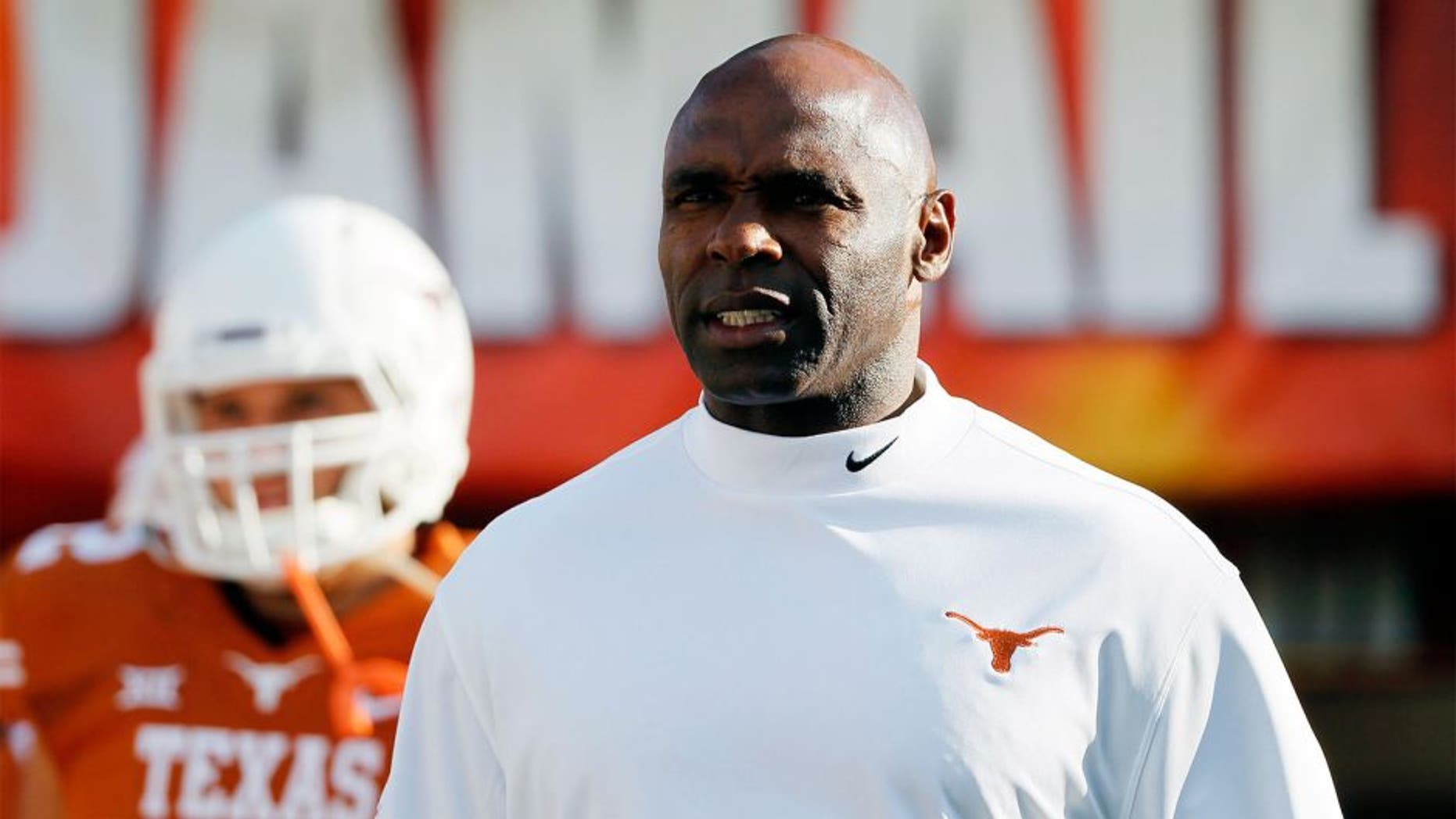 Aug 30, 2014; Austin, TX, USA; Texas Longhorns head coach Charlie Strong during warm ups before the game against the North Texas Mean Green at Darrell K Royal-Texas Memorial Stadium. Mandatory Credit: Soobum Im-USA TODAY Sports
