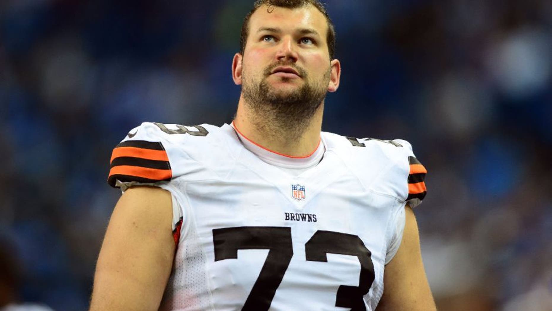 Aug 9, 2014; Detroit, MI, USA; Cleveland Browns offensive tackle Joe Thomas (73) against the Detroit Lions at Ford Field. Mandatory Credit: Andrew Weber-USA TODAY Sports