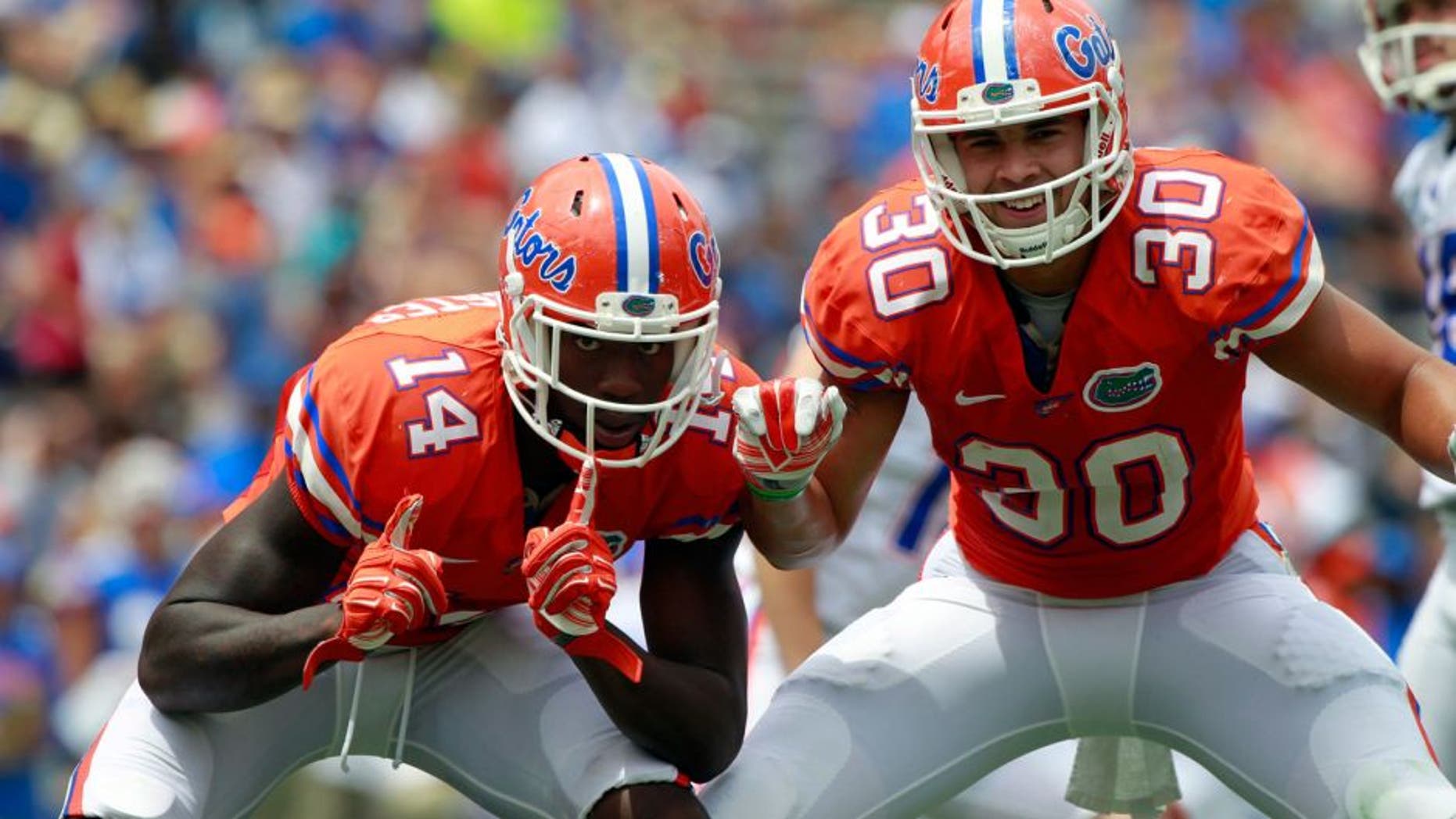 Apr 11, 2015; Gainesville, FL, USA;Florida Gators defensive lineman Alex McCalister (14) and tight end DeAndre Goolsby (30) react during the second half at the Orange and Blue Debut at Ben Hill Griffin Stadium. Orange defeated Blue 31-6. Mandatory Credit: Kim Klement-USA TODAY Sports
