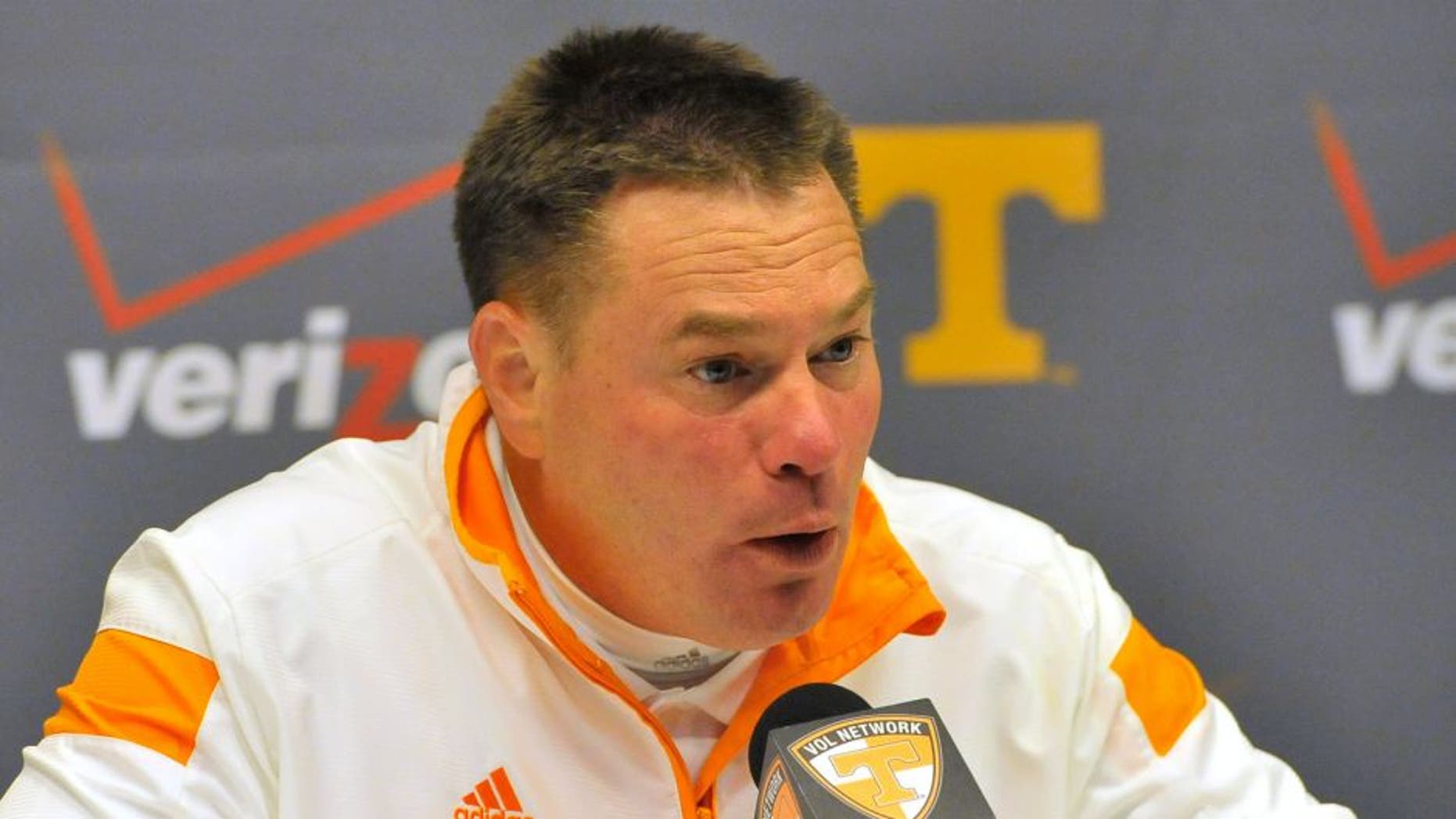 Nov 22, 2014; Knoxville, TN, USA; Tennessee Volunteers head coach Butch Jones talks with the media following the game against the Missouri Tigers at Neyland Stadium. Missouri won 29-21. Mandatory Credit: Jim Brown-USA TODAY Sports