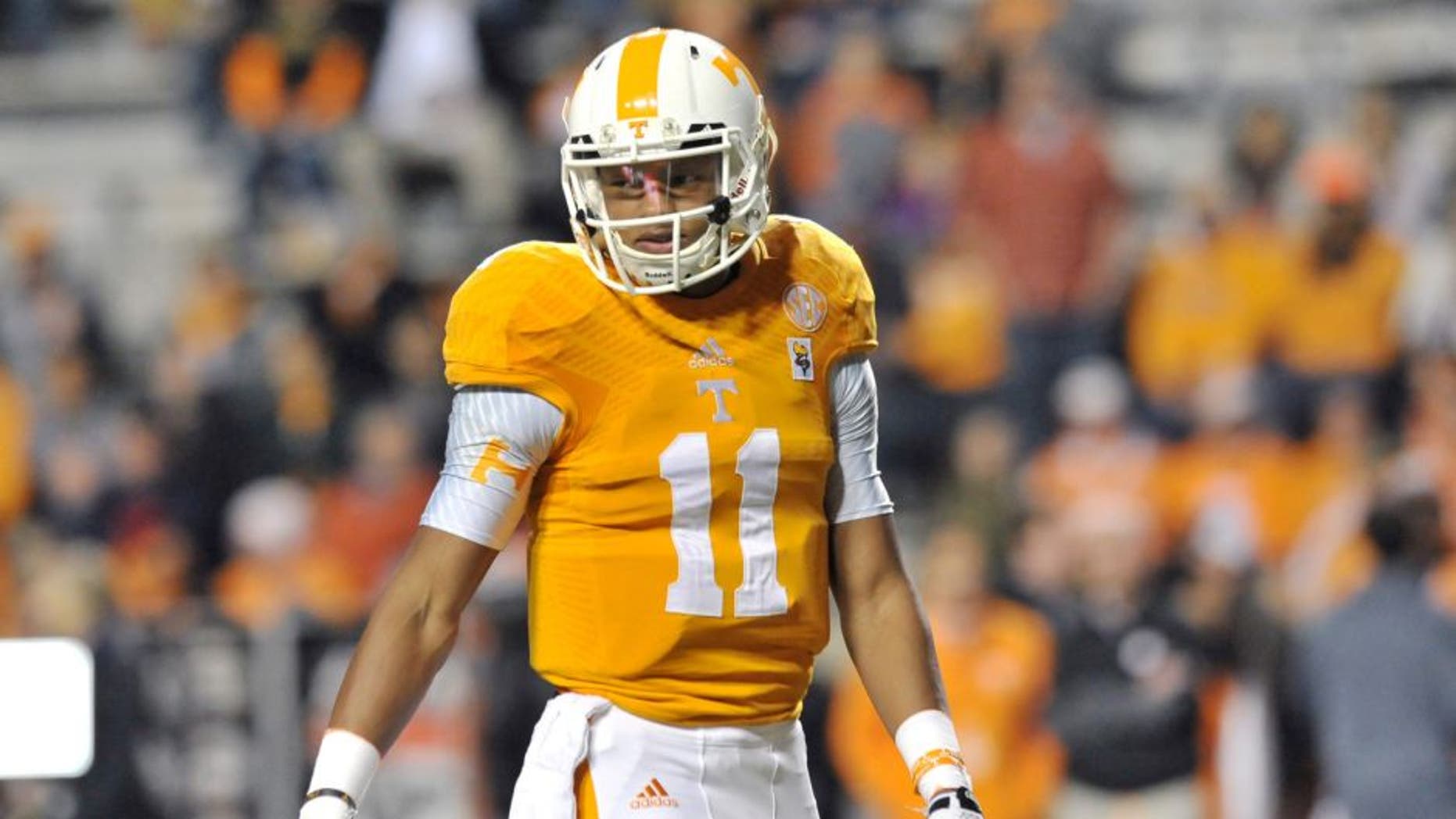 Nov 22, 2014; Knoxville, TN, USA; Tennessee Volunteers quarterback Joshua Dobbs (11) during warm ups prior to the game against the Missouri Tigers at Neyland Stadium. Mandatory Credit: Jim Brown-USA TODAY Sports