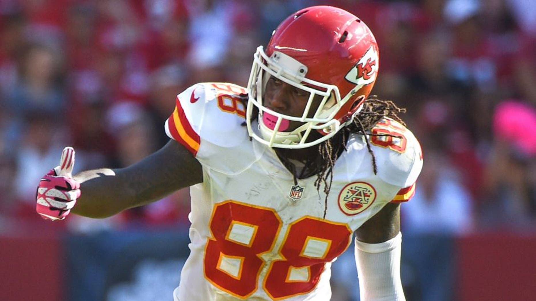 October 5, 2014; Santa Clara, CA, USA; Kansas City Chiefs wide receiver Junior Hemingway (88) lines up during the third quarter against the San Francisco 49ers at Levi's Stadium. The 49ers defeated the Chiefs 22-17. Mandatory Credit: Kyle Terada-USA TODAY Sports