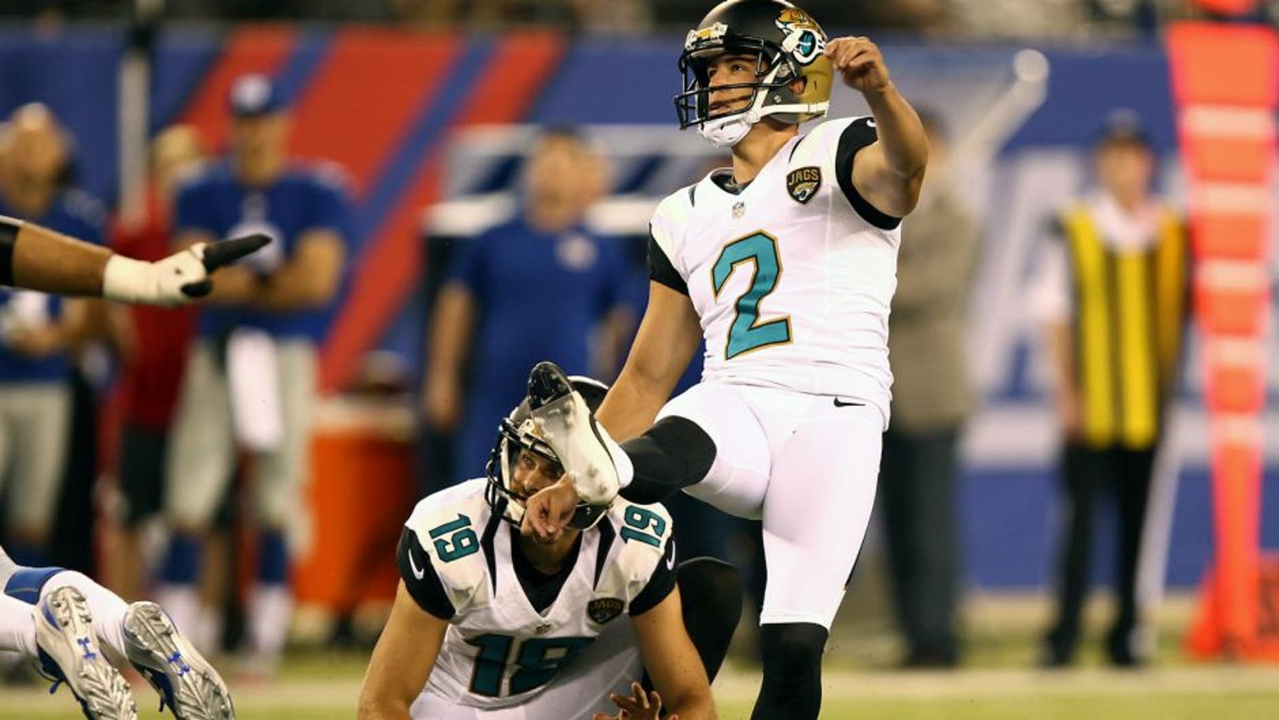 Aug 22, 2015; East Rutherford, NJ, USA; Jacksonville Jaguars kicker Jason Myers (2) kicks a field goal against the New York Giants during the first half at MetLife Stadium. Mandatory Credit: Danny Wild-USA TODAY Sports