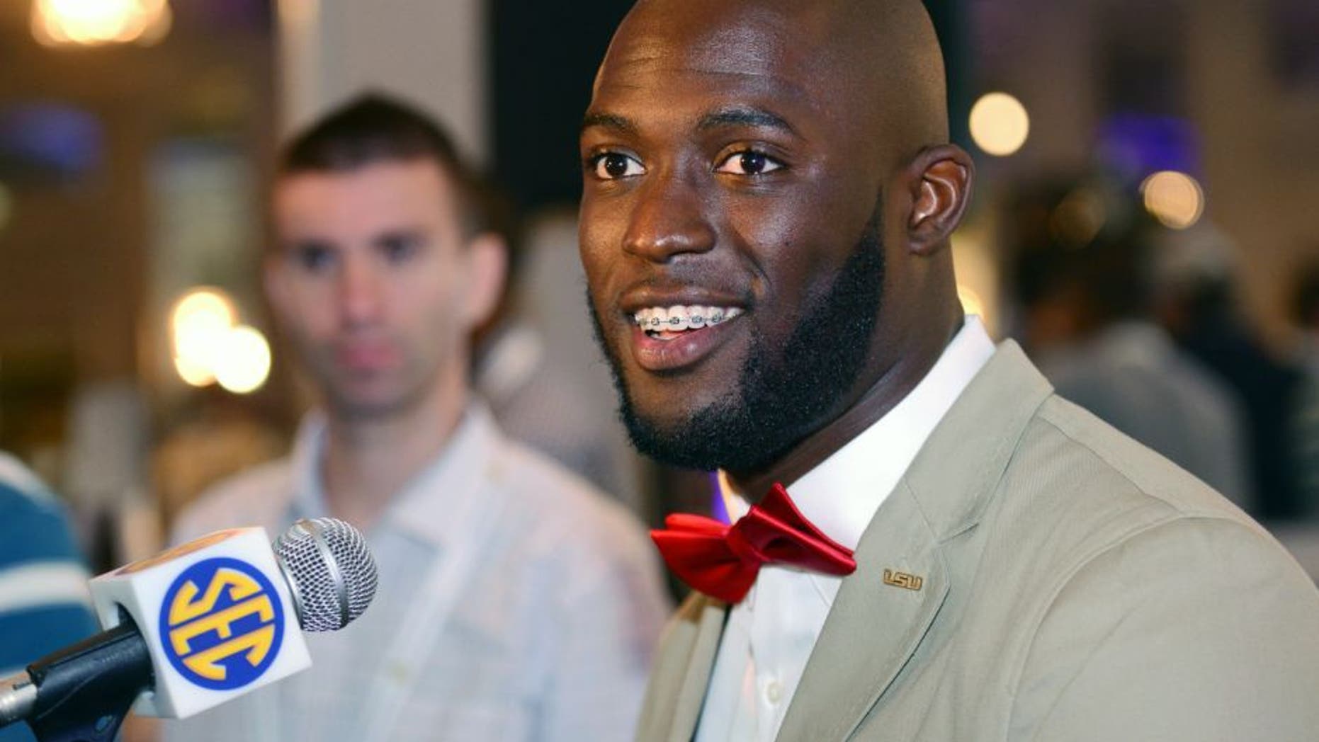 Jul 16, 2015; Hoover, AL, USA; LSU Tigers running back Leonard Fournette fields questions during SEC media days at the Wynfrey Hotel. Mandatory Credit: Kelly Lambert-USA TODAY Sports