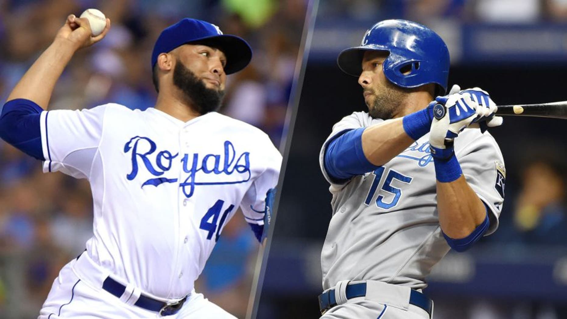 KANSAS CITY, MO - JULY 21: Kelvin Herrera #40 of the Kansas City Royals throws against the Pittsburgh Pirates at Kauffman Stadium on July 21, 2015 in Kansas City, Missouri. (Photo by Ed Zurga/Getty Images) ST. PETERSBURG, FL - AUGUST 28: Alex Rios #15 of the Kansas City Royals bats during a MLB game against the Tampa Bay Rays on August 28, 2015 at Tropicana Field in St. Petersburg, Florida. (Photo by Ronald C. Modra/Sports Imagery/Getty Images)