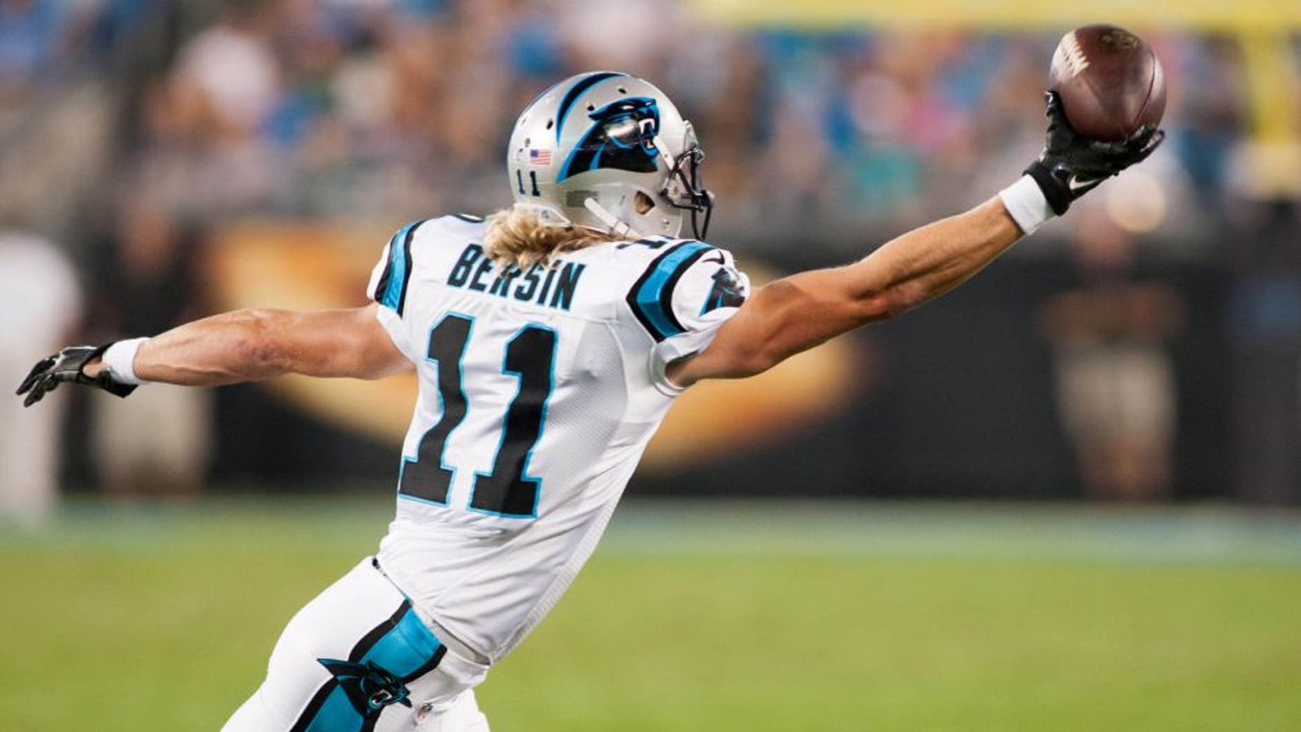 Aug 22, 2015; Charlotte, NC, USA; Carolina Panthers wide receiver Brenton Bersin (11) tries to catch a pass off his finger tips during the second quarter against the Miami Dolphins at Bank of America Stadium. Mandatory Credit: Jeremy Brevard-USA TODAY Sports