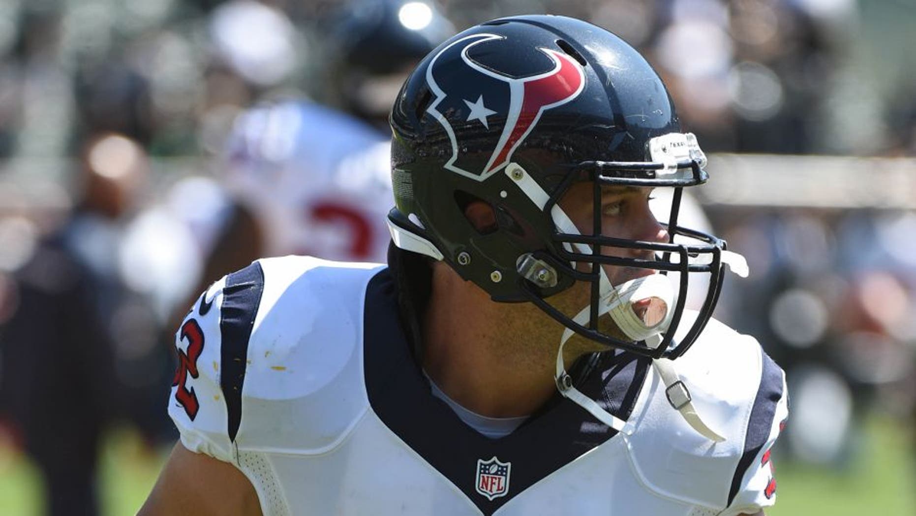 September 14, 2014; Oakland, CA, USA; Houston Texans middle linebacker Jeff Tarpinian (52) before the game against the Oakland Raiders at O.co Coliseum. The Texans defeated the Raiders 30-14. Mandatory Credit: Kyle Terada-USA TODAY Sports
