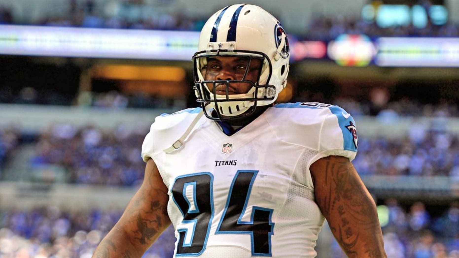 Sep 28, 2014; Indianapolis, IN, USA; Tennessee Titans nose tackle Sammie Lee Hill (94) against the Indianapolis Colts at Lucas Oil Stadium. Mandatory Credit: Andrew Weber-USA TODAY Sports