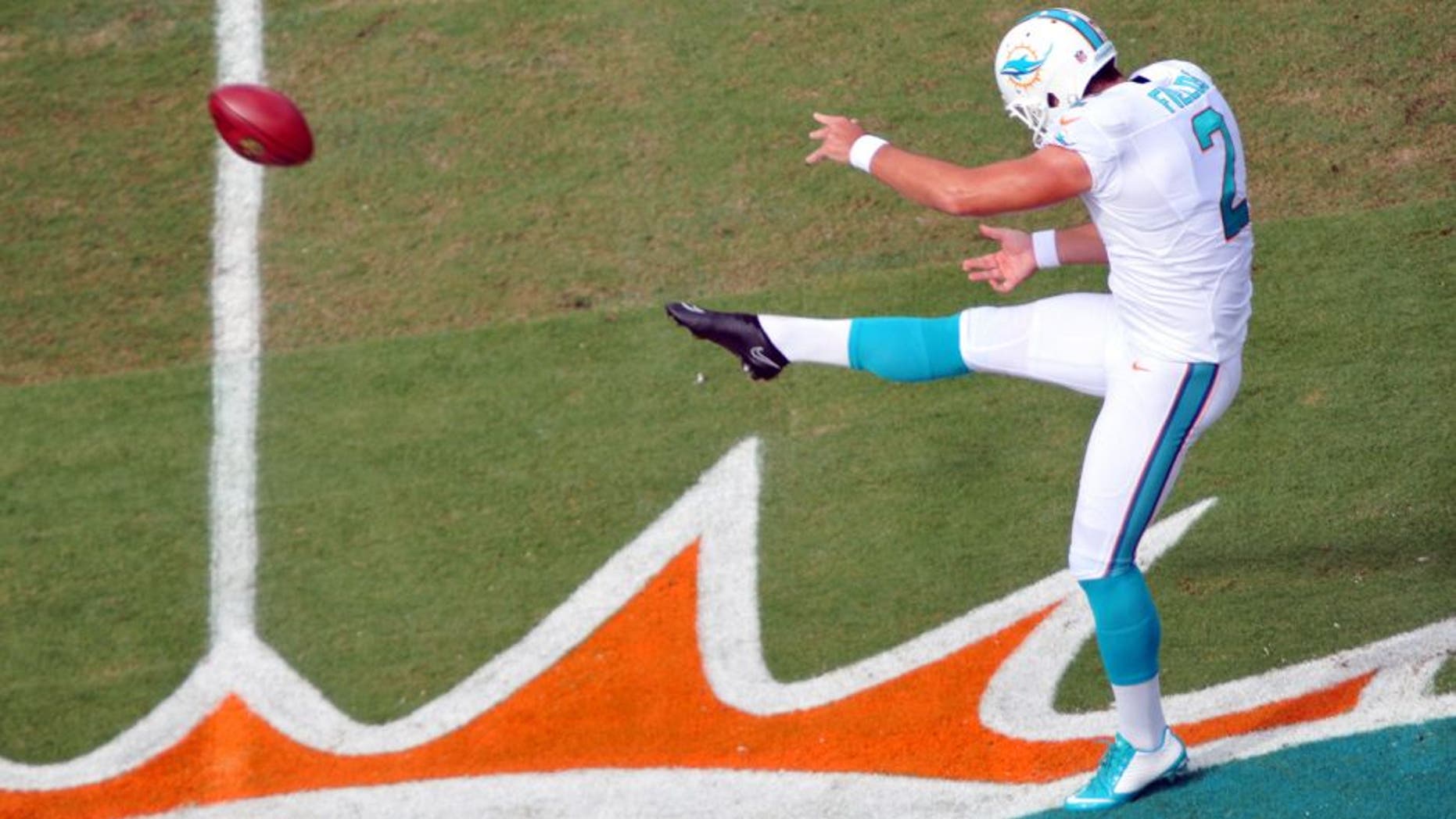 Sep 21, 2014; Miami Gardens, FL, USA; Miami Dolphins punter Brandon Fields (2) in the first quarter of the game at Sun Life Stadium. Mandatory Credit: Brad Barr-USA TODAY Sports