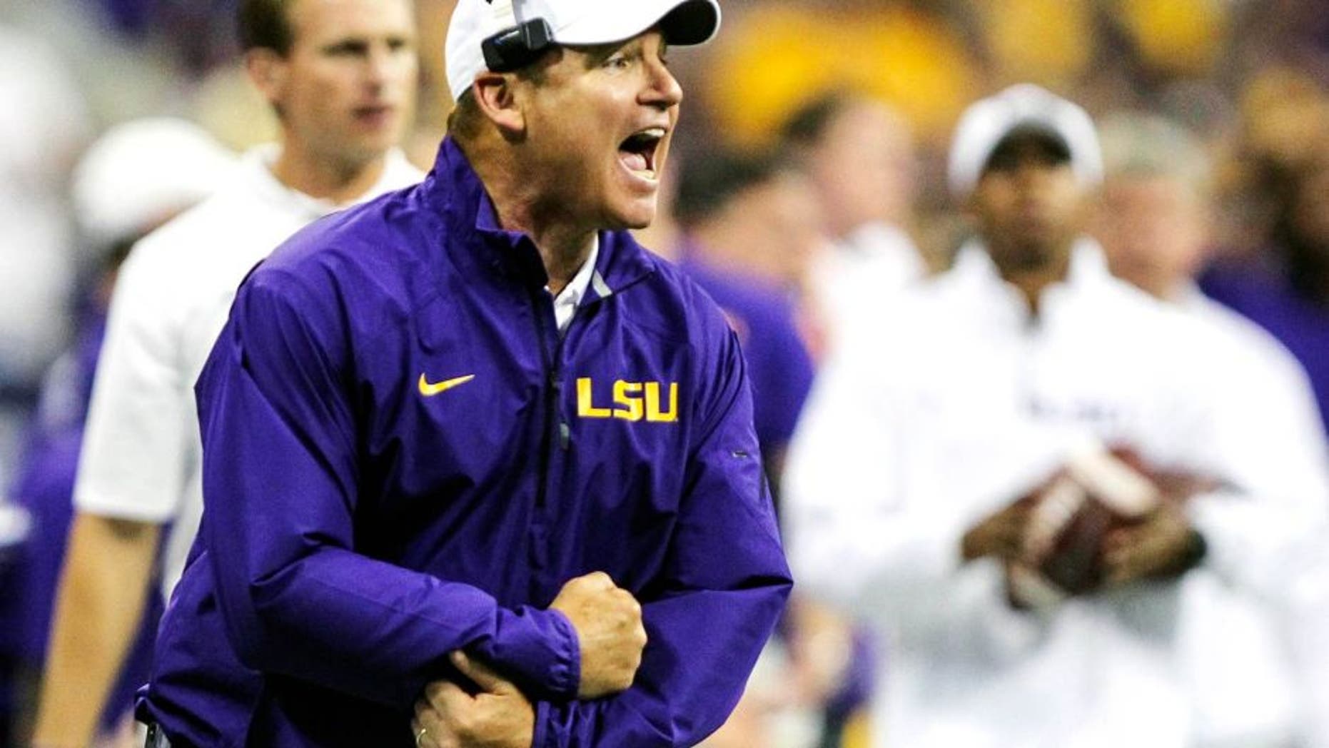 Aug 30, 2014; Houston, TX, USA; LSU Tigers head coach Les Miles reacts after a play during the second half against the Wisconsin Badgers at NRG Stadium. Mandatory Credit: Troy Taormina-USA TODAY Sports