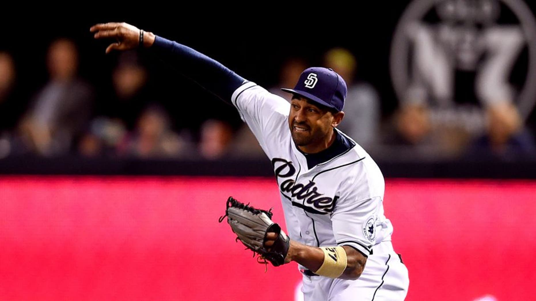 SAN DIEGO, CA - MAY 15: Matt Kemp #27 of the San Diego Padres makes a throw from right field during the game against the Washington Nationals at Petco Park on May 15, 2015 in San Diego, California. (Photo by Andy Hayt/San Diego Padres/Getty Images)