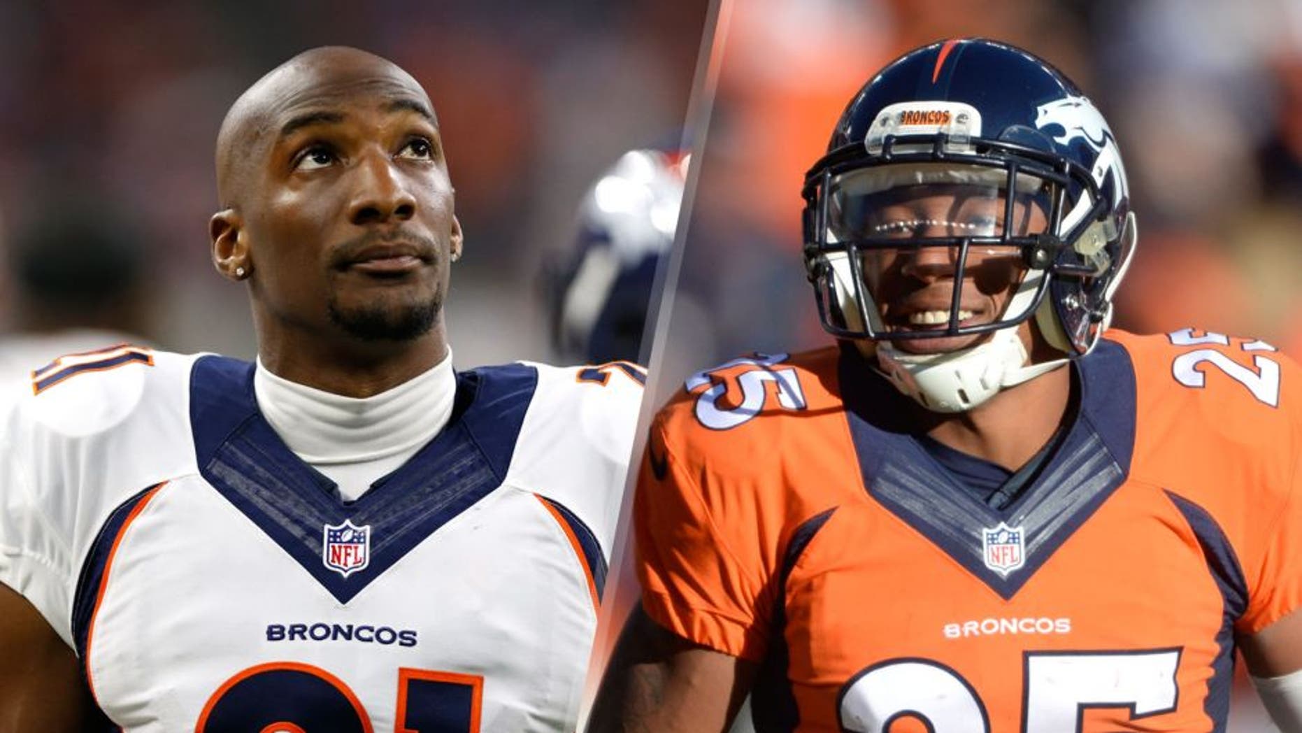 Aug 22, 2015; Houston, TX, USA; Denver Broncos cornerback Aqib Talib (21) prior to the game against the Houston Texans at NRG Stadium. Mandatory Credit: Matthew Emmons-USA TODAY Sports Dec 28, 2014; Denver, CO, USA; Denver Broncos cornerback Chris Harris Jr.(25) reacts during the game against the Oakland Raiders in the first quarter at Sports Authority Field at Mile High. Mandatory Credit: Ron Chenoy-USA TODAY Sports