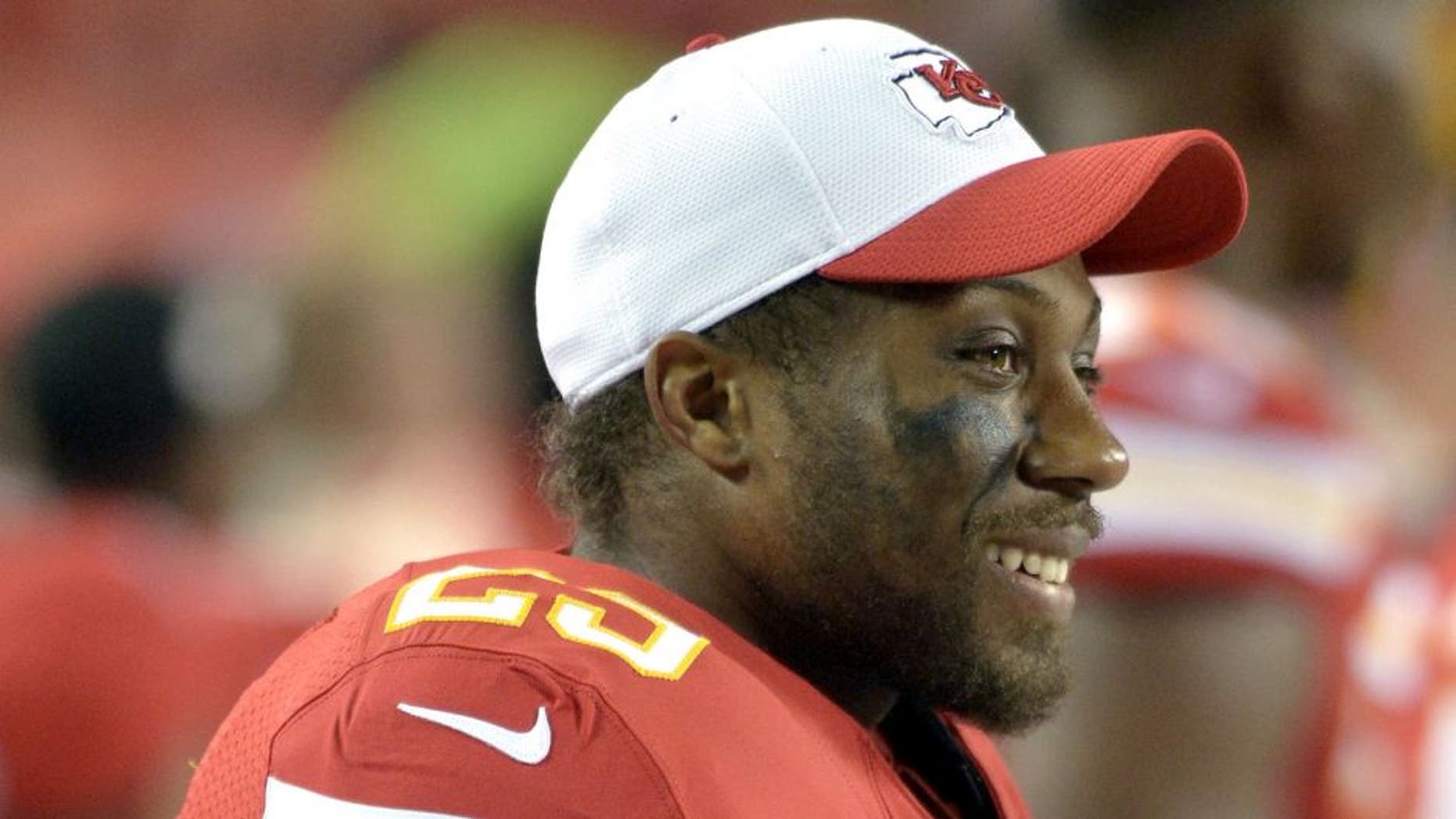 Aug 21, 2015; Kansas City, MO, USA; Kansas City Chiefs strong safety Eric Berry (29) watches play on the sidelines during the second half against the Seattle Seahawks at Arrowhead Stadium. The Chiefs won 14-13. Mandatory Credit: Denny Medley-USA TODAY Sports