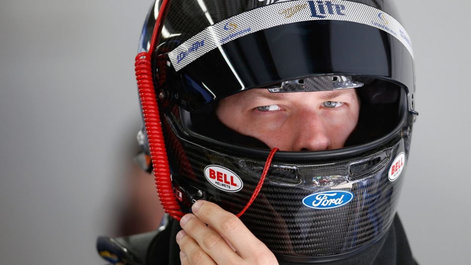 LOUDON, NH - SEPTEMBER 26: Brad Keselowski, driver of the #2 Miller Lite Ford, prepares his equipment in the garage area during practice for the NASCAR Sprint Cup Series Sylvania 300 at New Hampshire Motor Speedway on September 26, 2015 in Loudon, New Hampshire. (Photo by Todd Warshaw/NASCAR via Getty Images)