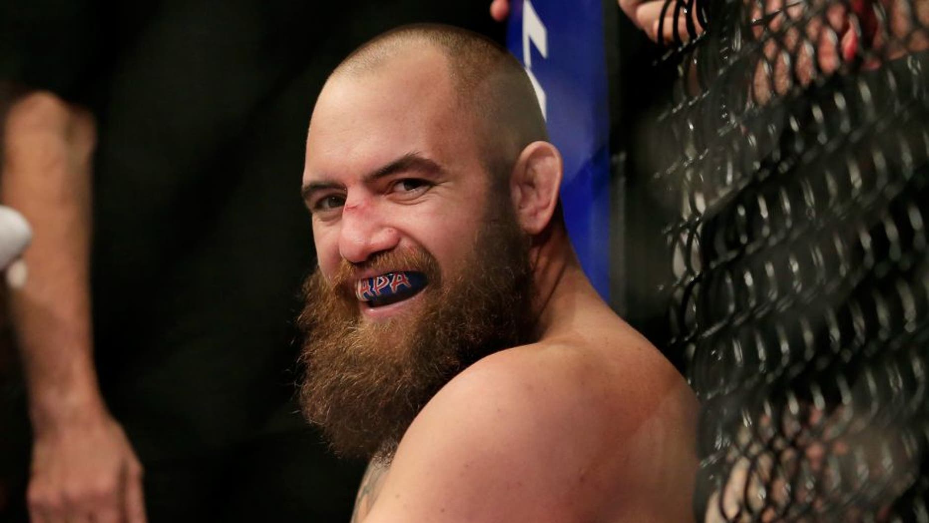 LAS VEGAS, NV - DECEMBER 06: Travis Browne reacts after defeating Brendan Schaub in their fight during the UFC 181 event at the Mandalay Bay Events Center on December 6, 2014 in Las Vegas, Nevada. (Photo by Alex Trautwig/Getty Images)