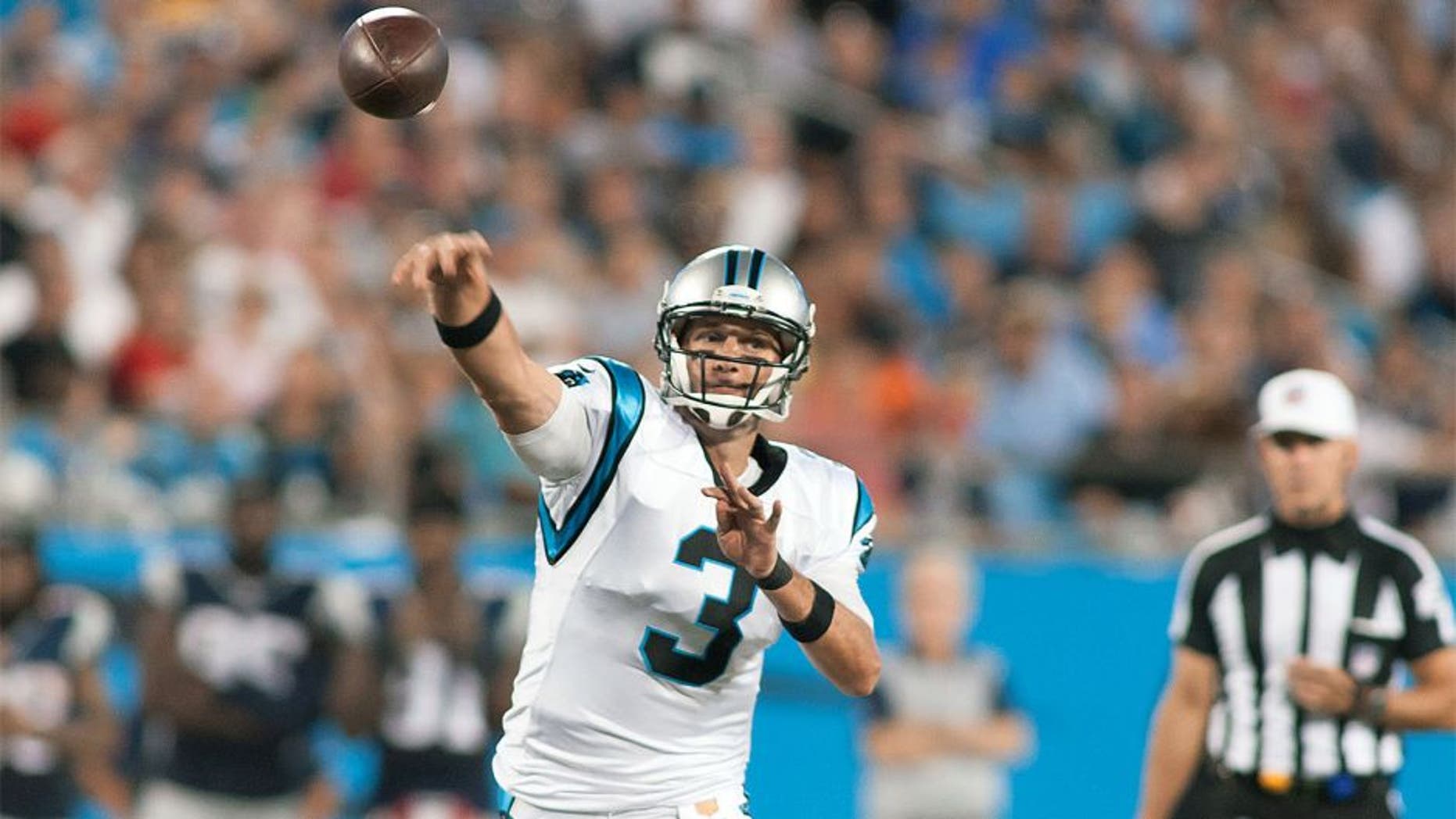 Aug 28, 2015; Charlotte, NC, USA; Carolina Panthers quarterback Derek Anderson (3) throws a pass during the third quarter against the New England Patriots at Bank of America Stadium. The Patriots defeated the Panthers 17-16. Mandatory Credit: Jeremy Brevard-USA TODAY Sports