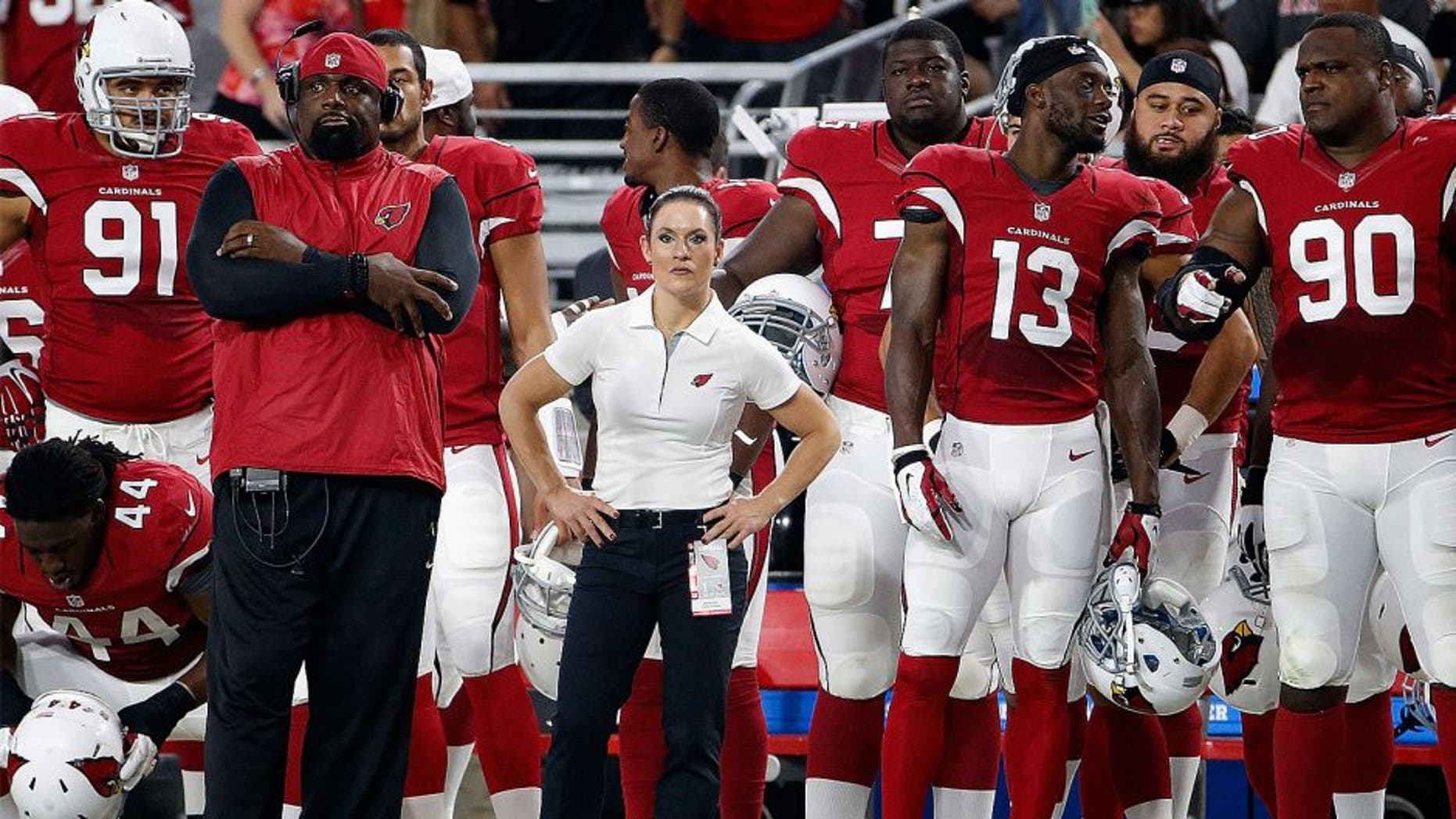 GLENDALE, AZ - AUGUST 15: Intern linebacker coach Jen Welter (C) of the Arizona Cardinals watches from the sidelines during the pre-season NFL game against the Kansas City Chiefs at the University of Phoenix Stadium on August 15, 2015 in Glendale, Arizona. The Chiefs defeated the Cardinals 34-19. (Photo by Christian Petersen/Getty Images)