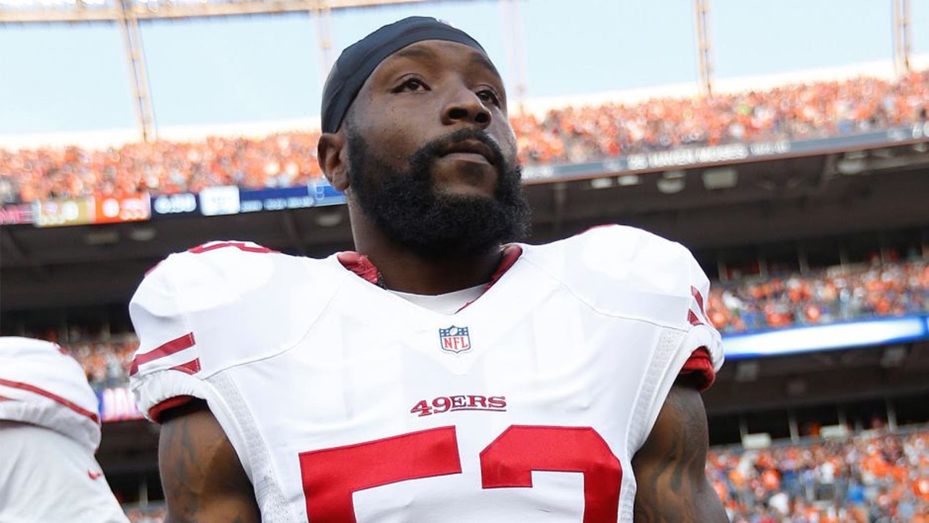 DENVER, CO - AUGUST 29: NaVorro Bowman #53 of the San Francisco 49ers stands on the sideline prior to the game against the Denver Broncos at Sports Authority Field on August 29, 2015 in Denver, Colorado. The Broncos defeated the 49ers 19-12. (Photo by Michael Zagaris/San Francisco 49ers/Getty Images)