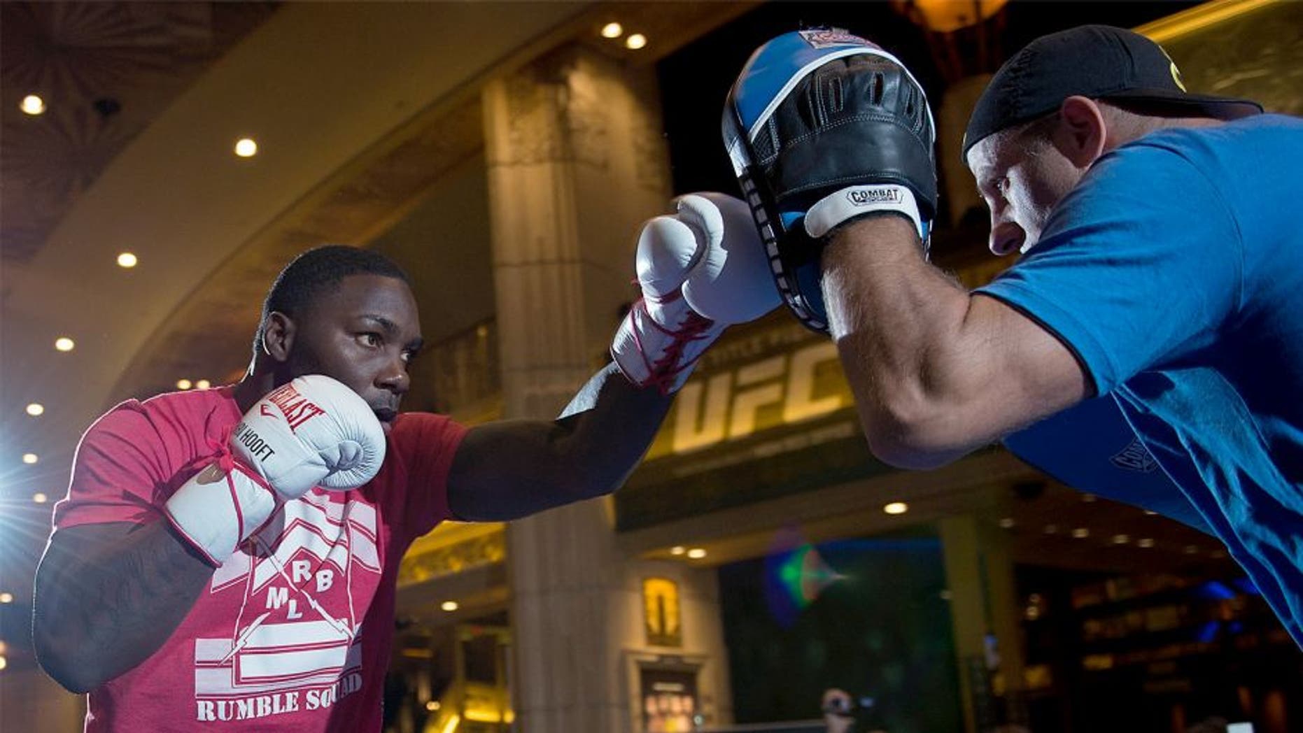 LAS VEGAS, NEVADA - MAY 20: Anthony Johnson (L) holds an open training session for fans and media at the MGM Grand Hotel/Casino on May 20, 2015 in Las Vegas Nevada. (Photo by Brandon Magnus/Zuffa LLC/Zuffa LLC via Getty Images)