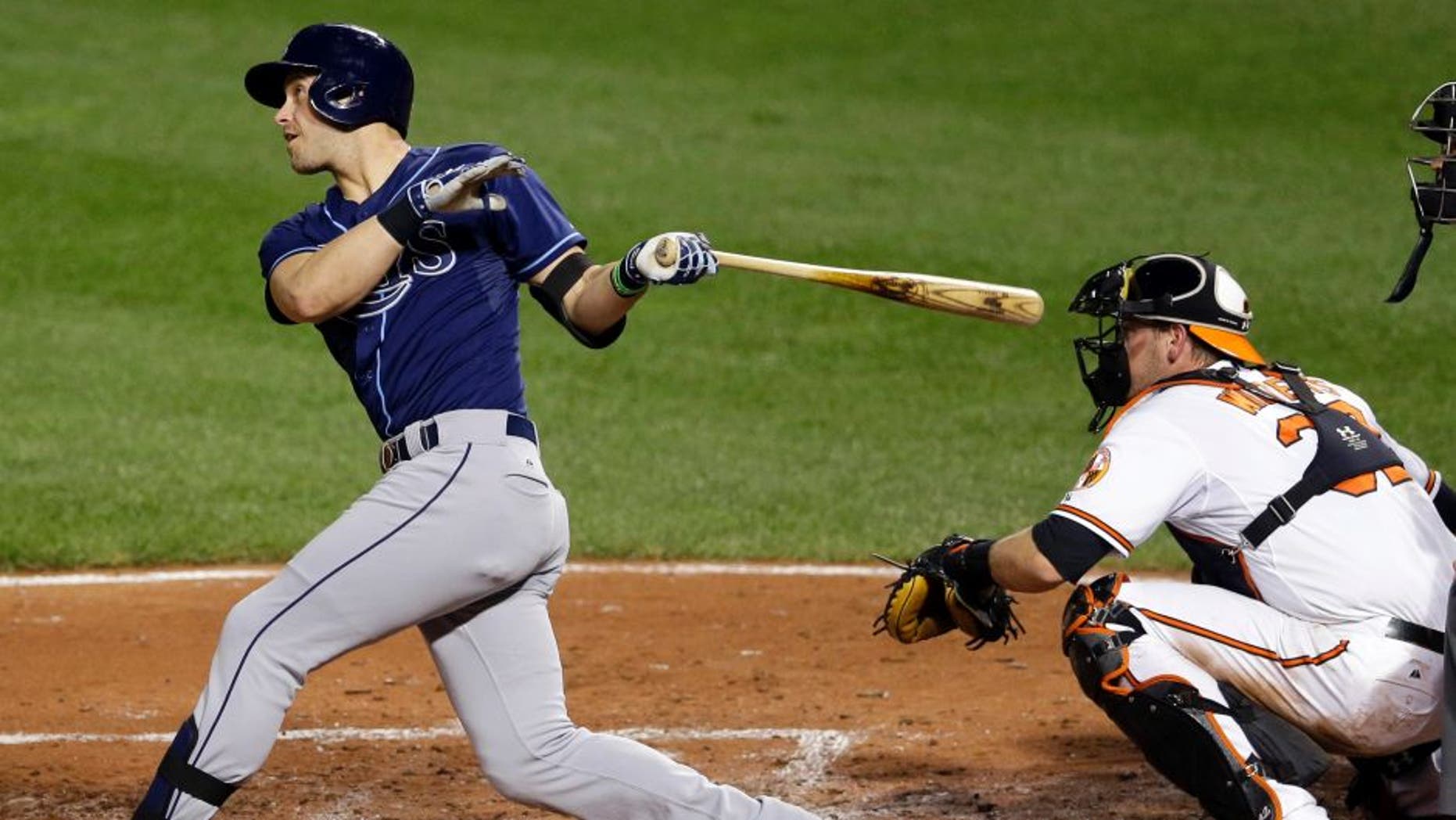 Tampa Bay Rays' Evan Longoria, left, watches his two-run home run in front of Baltimore Orioles catcher Matt Wieters and home plate umpire Cory Blaser in the third inning of a baseball game, Wednesday, Sept. 2, 2015, in Baltimore. (AP Photo/Patrick Semansky)