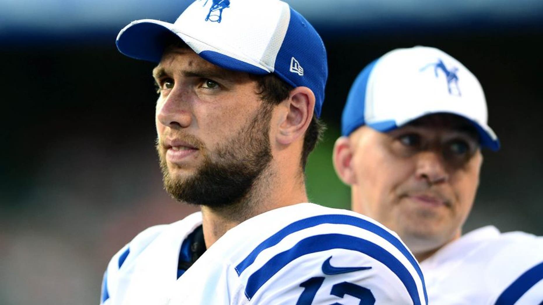 Aug 28, 2014; Cincinnati, OH, USA; Indianapolis Colts quarterback Andrew Luck (12) against the Cincinnati Bengals at Paul Brown Stadium. Mandatory Credit: Andrew Weber-USA TODAY Sports