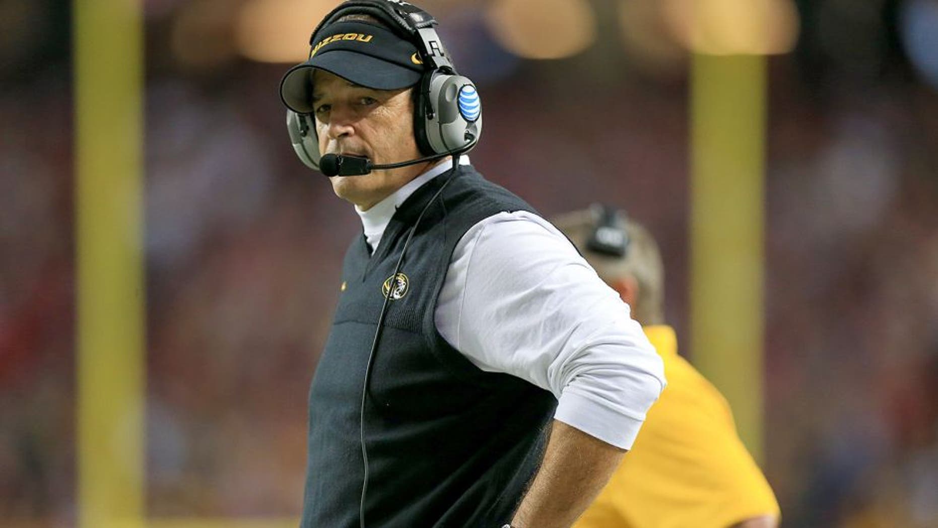 Dec 6, 2014; Atlanta, GA, USA; Missouri Tigers head coach Gary Pinkel during the 2014 SEC Championship Game against the Alabama Crimson Tide at the Georgia Dome. Mandatory Credit: Kevin Liles-USA TODAY Sports.