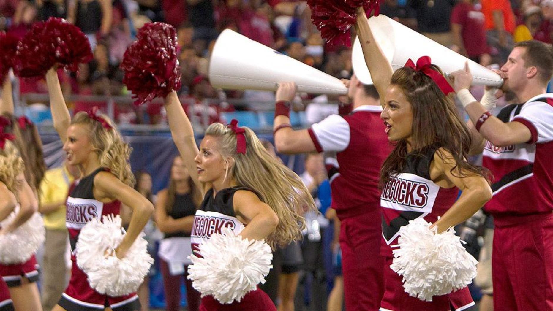 Sep 3, 2015; Charlotte, NC, USA; South Carolina Gamecocks cheerleaders during the second half against the North Carolina Tar Heels at Bank of America Stadium. Gamecocks won 17-13. Mandatory Credit: Joshua S. Kelly-USA TODAY Sports