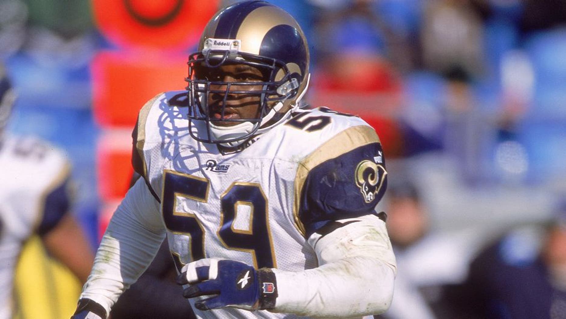 3 Dec 2000: London Fletcher #59 of the St. Louis Rams moves on the field during the game against the Charlotte Panthers at Ericcson Stadium in Charlotte, North Carolina. The Panthers defeated the Rams 16-3.Mandatory Credit: Scott Halleran /Allsport