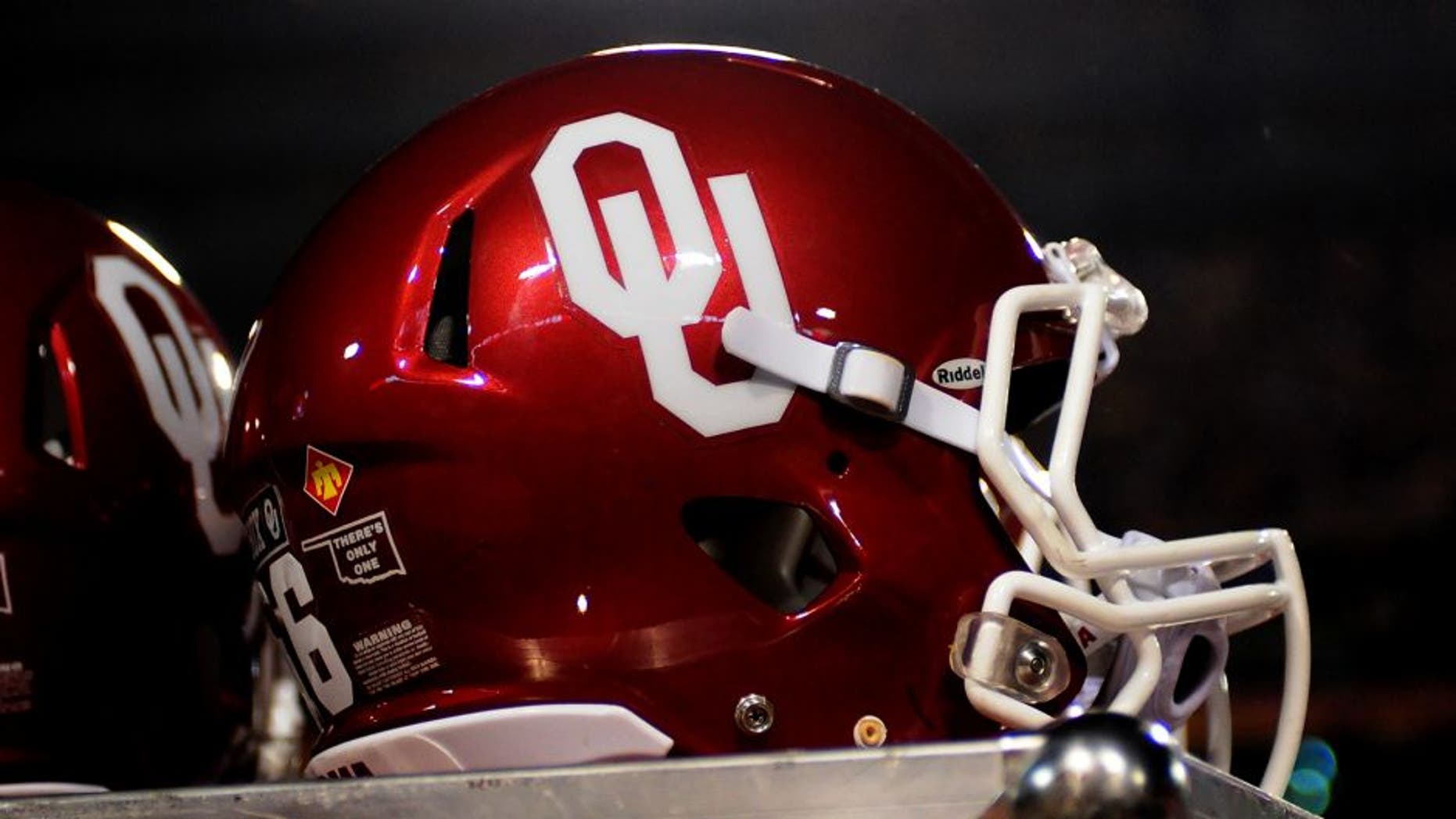 Dec 30, 2011; Tempe, AZ, USA; A general view of an Oklahoma Sooners helmet during a game against Iowa Hawkeyes during the 2011 Insight Bowl at the Sun Devil Stadium. Oklahoma won 31 to 14. Mandatory Credit: Jennifer Hilderbrand-USA TODAY Sports