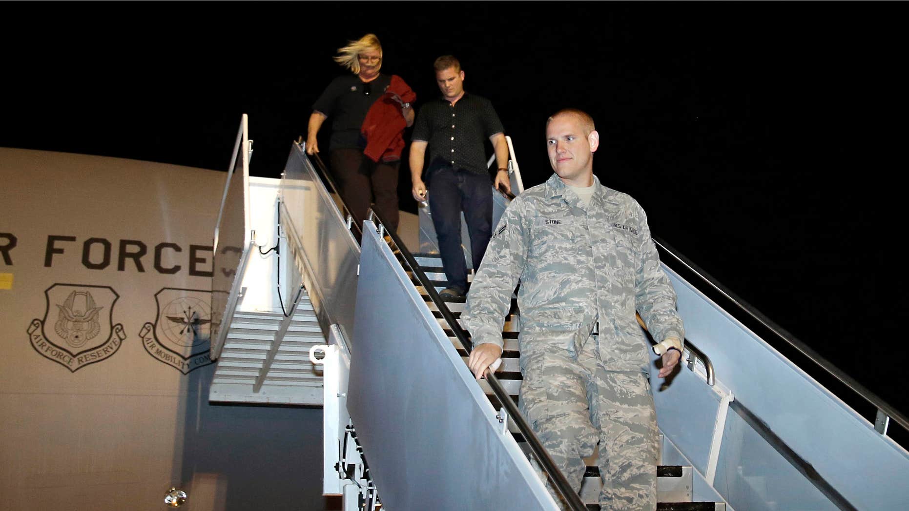 Sept. 3, 2015: U.S. Air Force Airman 1st Class Spencer Stone, one of three Americans that tackled a heavily armed gunman on a Paris-bound train, arrives at Travis Air Force Base in Fairfield, Calif.