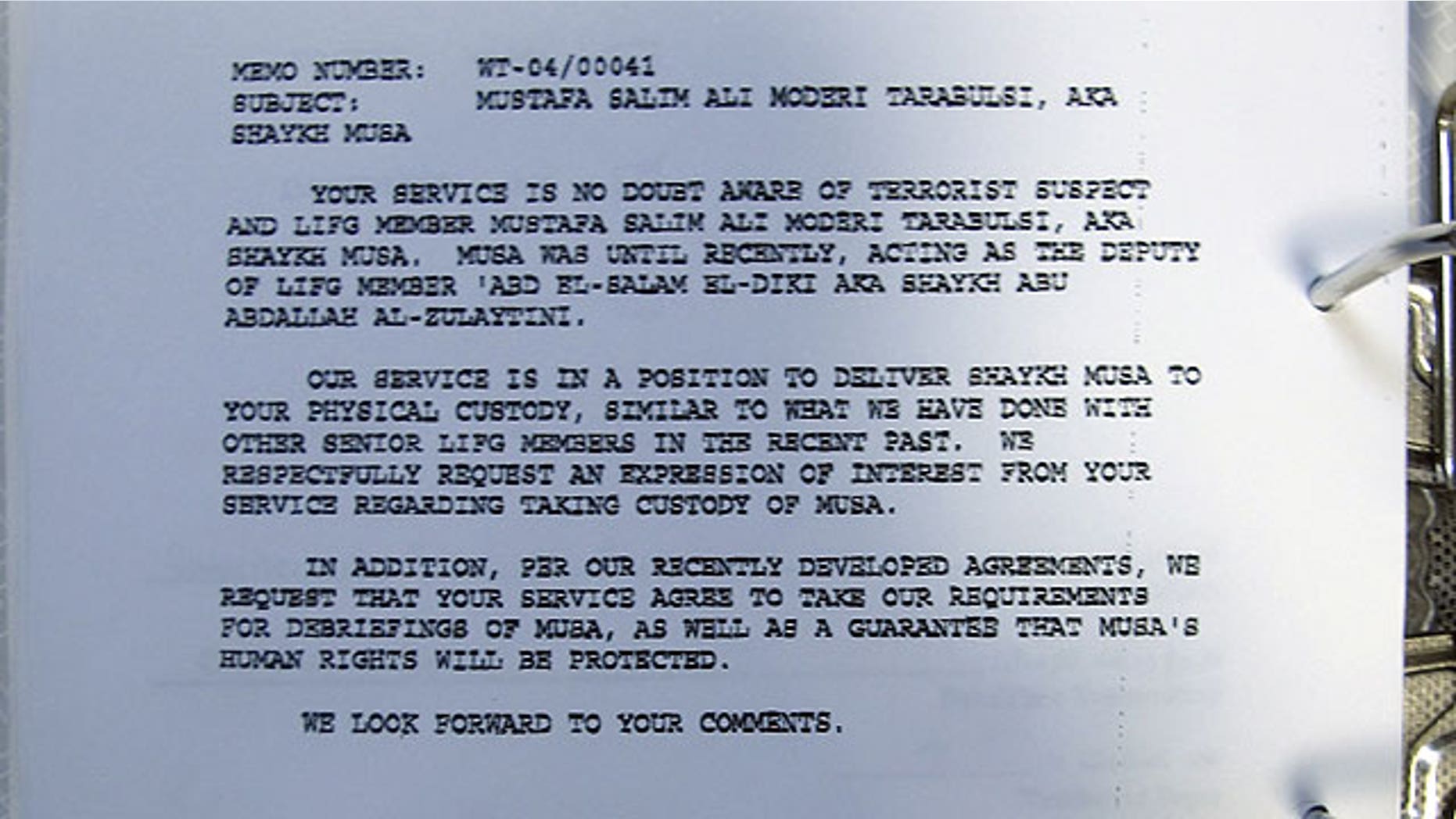 September 3: This image provided by Human Rights Watch on Saturday, Sept. 3, 2011, shows a secret document dated April 15, 2004 discovered by Human Rights Watch in Tripoli, Libya, detailing a request for Libya to take custody of a terrorist suspect known as "Shaykh Musa."