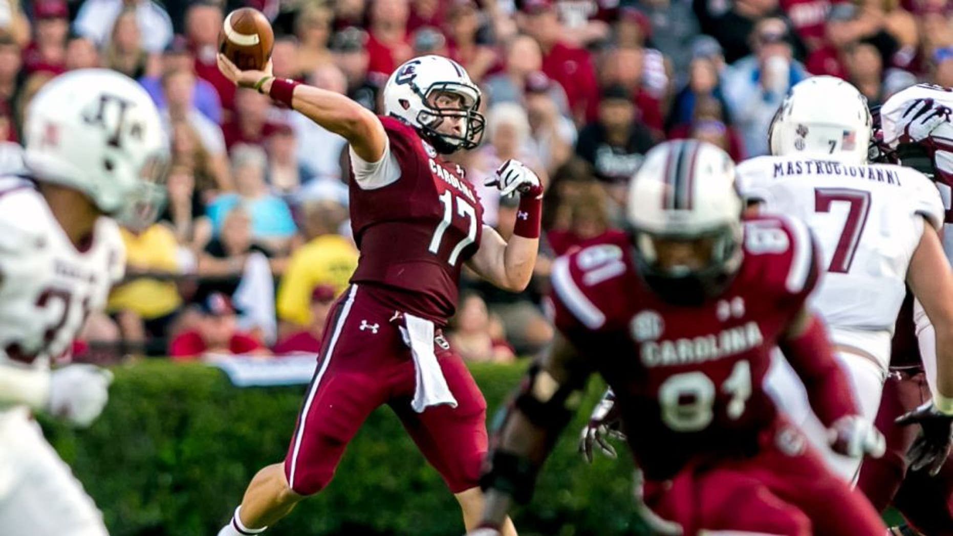 Aug 28, 2014; Columbia, SC, USA; South Carolina Gamecocks quarterback Dylan Thompson (17) passes against the Texas A&M Aggies in the second quarter at Williams-Brice Stadium. Mandatory Credit: Jeff Blake-USA TODAY Sports