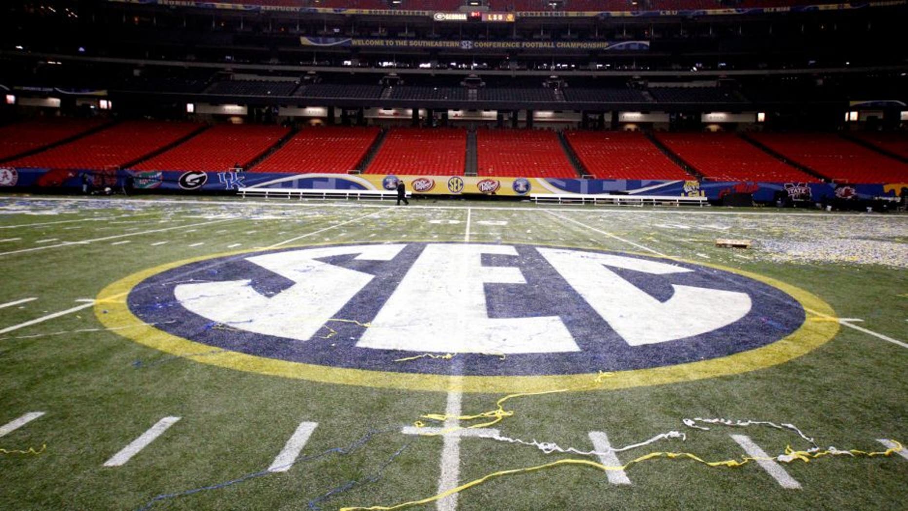 Dec 3, 2011; Atlanta, GA, USA; A general view of the SEC logo at mid-field after the 2011 SEC championship game between the LSU Tigers and Georgia Bulldogs at the Georgia Dome. Mandatory Credit: Derick E. Hingle-USA TODAY Sports