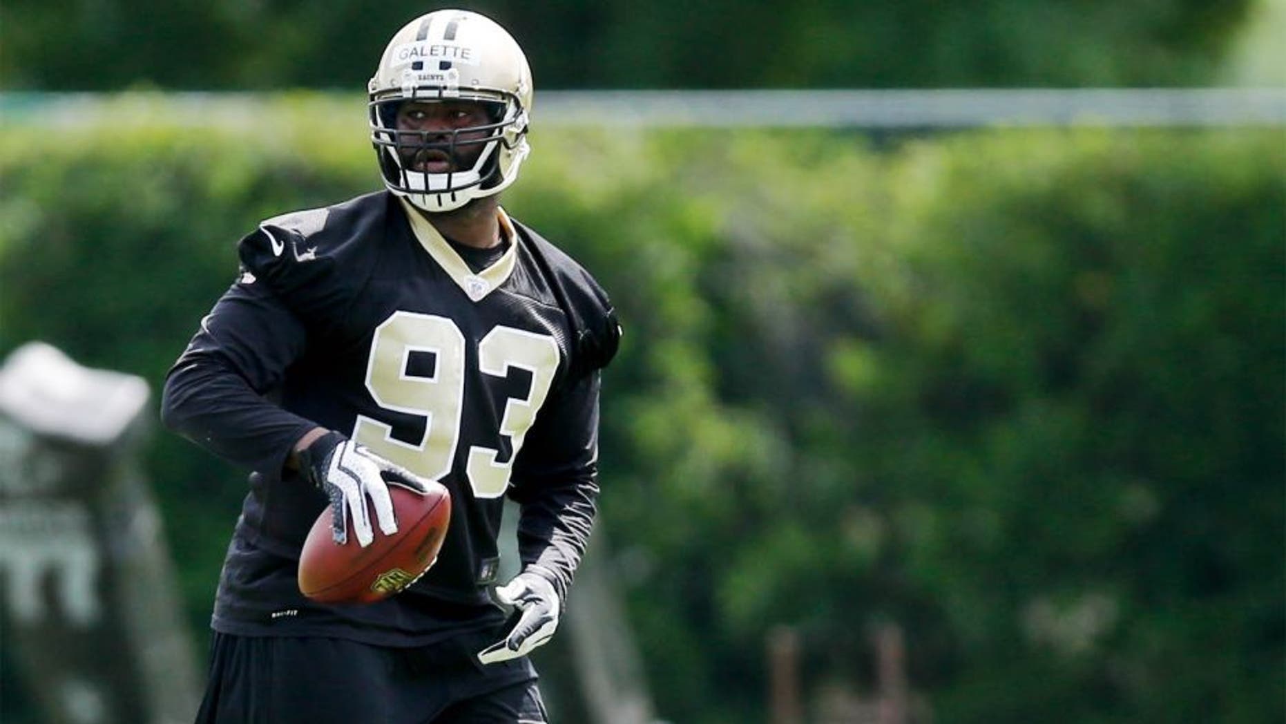 May 29, 2014; Metairie, LA, USA; New Orleans Saints linebacker Junior Galette (93) during organized team activities at the New Orleans Saints Training Facility. Mandatory Credit: Derick E. Hingle-USA TODAY Sports