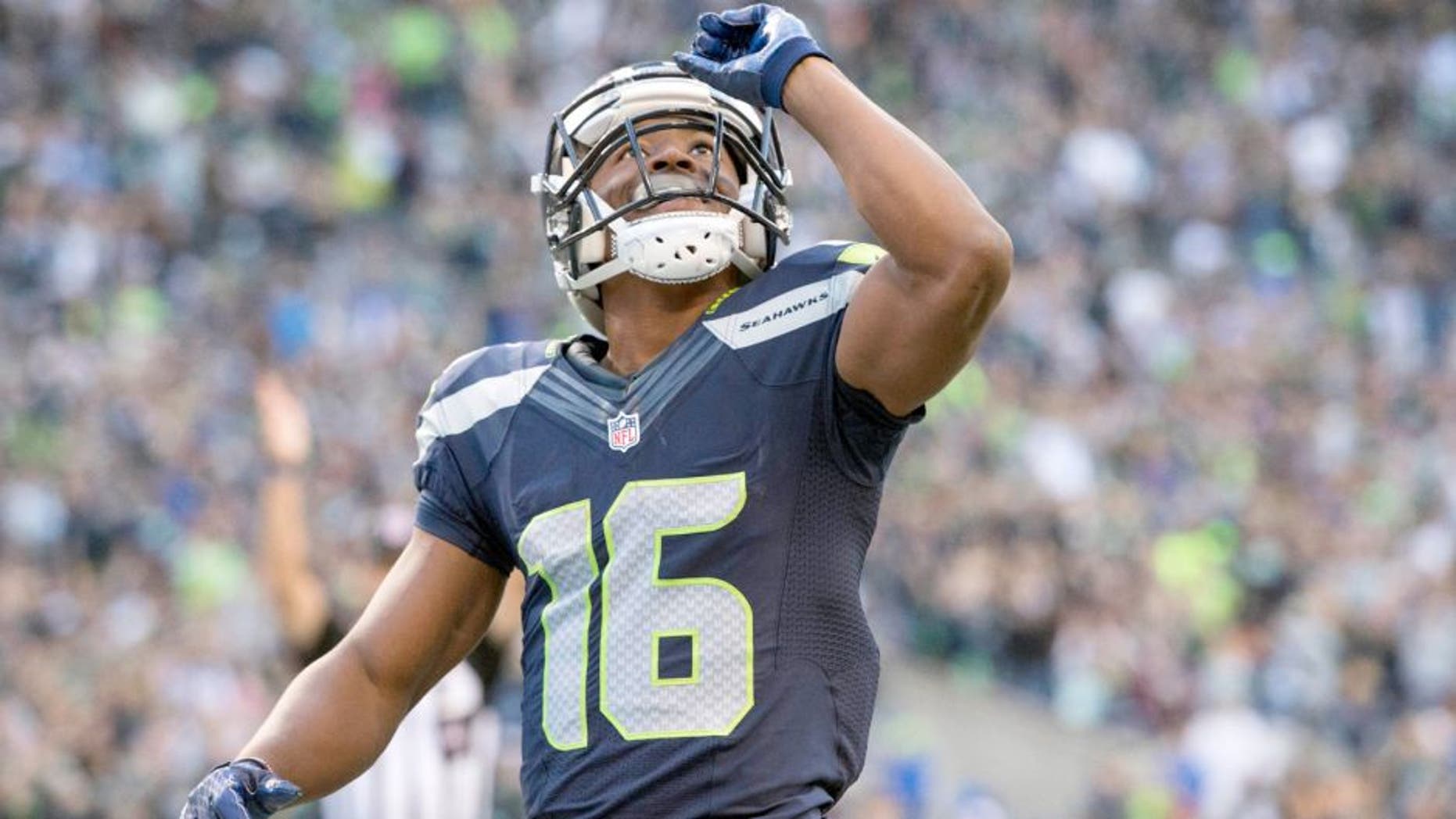Sep 3, 2015; Seattle, WA, USA; Seattle Seahawks wide receiver Tyler Lockett (16) celebrates after scoring a touchdown on a pass reception during the first quarter at CenturyLink Field. Mandatory Credit: Troy Wayrynen-USA TODAY Sports