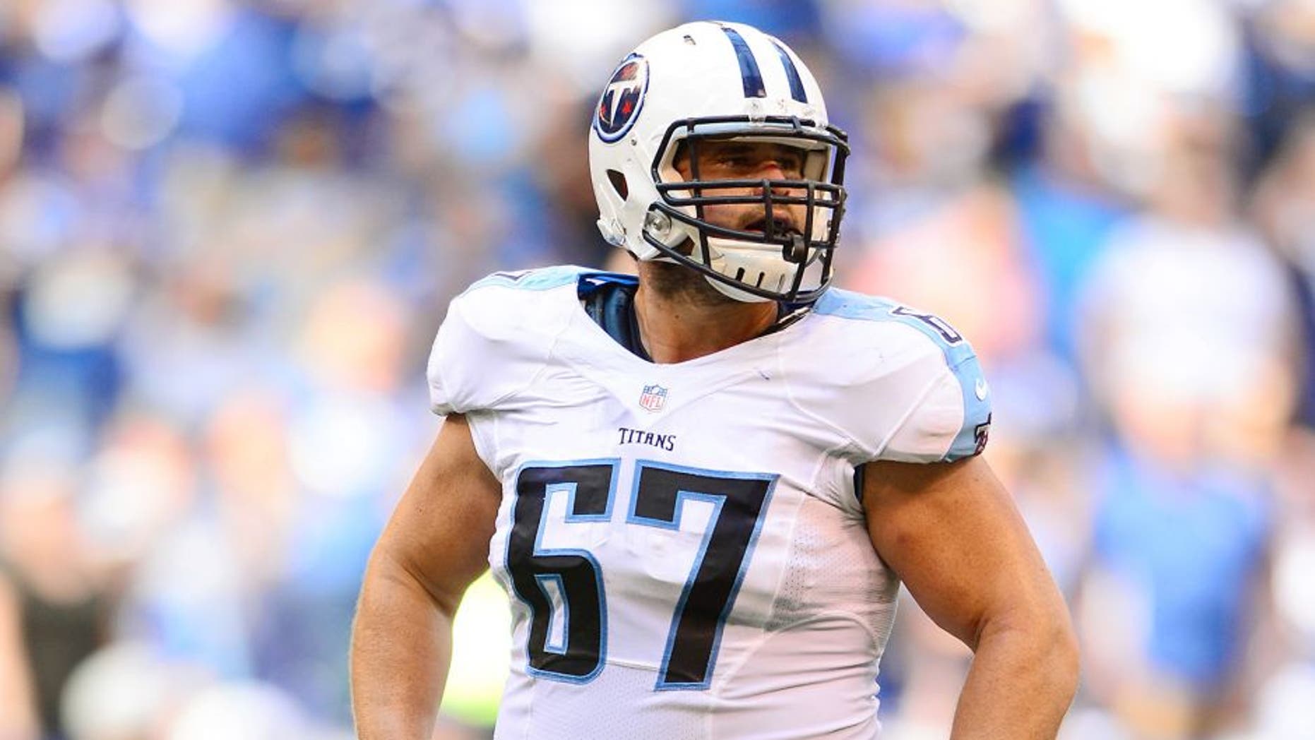 Sep 28, 2014; Indianapolis, IN, USA; Tennessee Titans guard Andy Levitre (67) against the Indianapolis Colts at Lucas Oil Stadium. Mandatory Credit: Andrew Weber-USA TODAY Sports