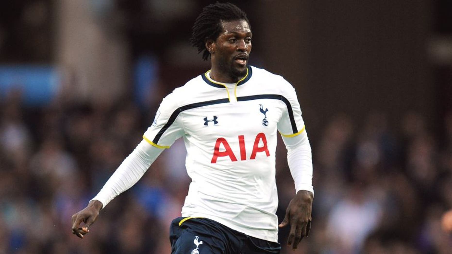 BIRMINGHAM, ENGLAND - NOVEMBER 02: Spurs striker Emmanuel Adebayor in action during the Barclays Premier League match between Aston Villa and Tottenham Hotspur at Villa Park on November 2, 2014 in Birmingham, England. (Photo by Stu Forster/Getty Images)