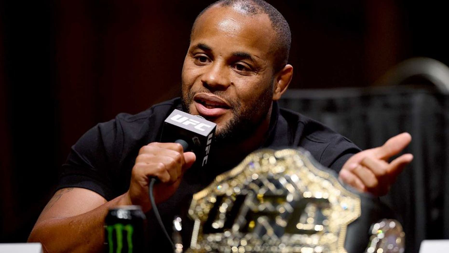 LAS VEGAS, NV - SEPTEMBER 04: UFC light heavyweight champion Daniel Cormier speaks to the media and fans during the UFC's Go Big launch event inside MGM Grand Garden Arena on September 4, 2015 in Las Vegas, Nevada. (Photo by Josh Hedges/Zuffa LLC/Zuffa LLC via Getty Images)