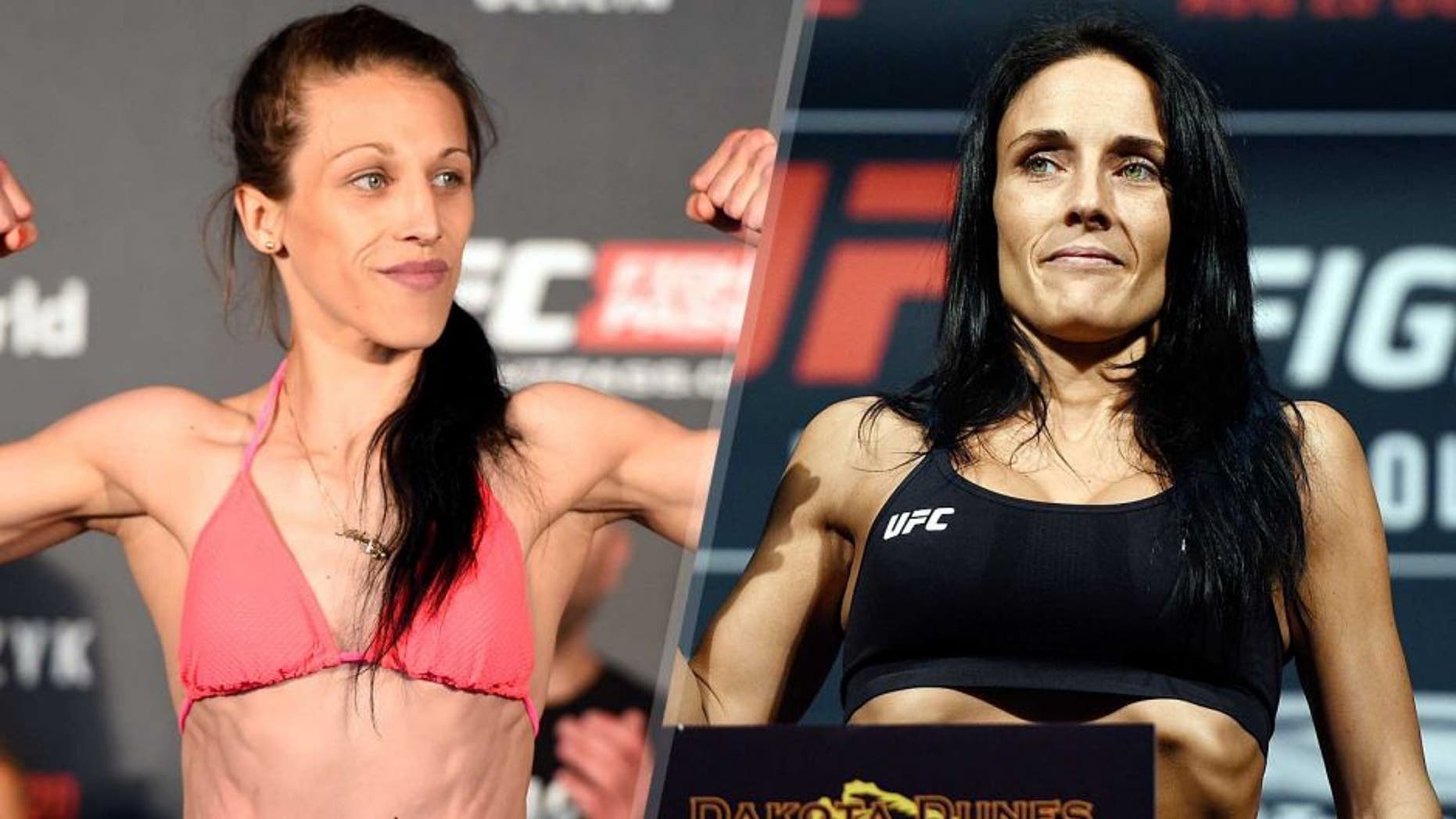 BERLIN, GERMANY - JUNE 19: UFC women's strawweight champion Joanna Jedrzejczyk of Poland weighs in during the UFC Berlin weigh-in at the O2 World on June 19, 2015 in Berlin, Germany. (Photo by Josh Hedges/Zuffa LLC/Zuffa LLC via Getty Images) SASKATOON, SK - AUGUST 22: Valerie Letourneau steps on the scale during the UFC weigh-in at the SaskTel Centre on August 22, 2015 in Saskatoon, Saskatchewan, Canada. (Photo by Jeff Bottari/Zuffa LLC/Zuffa LLC via Getty Images)