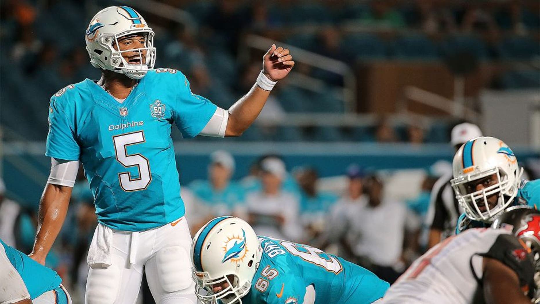 MIAMI GARDENS, FL - SEPTEMBER 03: Josh Freeman #5 of the Miami Dolphins calls a play during a preseason game against the Tampa Bay Buccaneers at Sun Life Stadium on September 3, 2015 in Miami Gardens, Florida. (Photo by Mike Ehrmann/Getty Images)