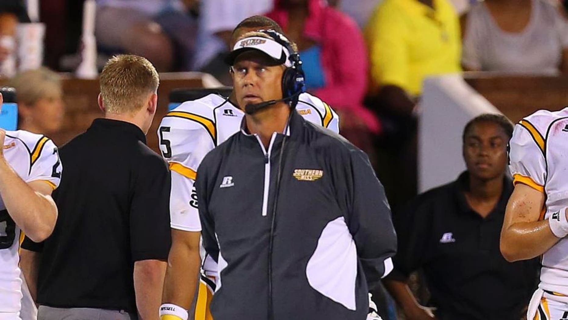 Aug 30, 2014; Starkville, MS, USA; Southern Miss Golden Eagles head coach Todd Monken during the game against the Mississippi State Bulldogs at Davis Wade Stadium. Mandatory Credit: Spruce Derden-USA TODAY Sports