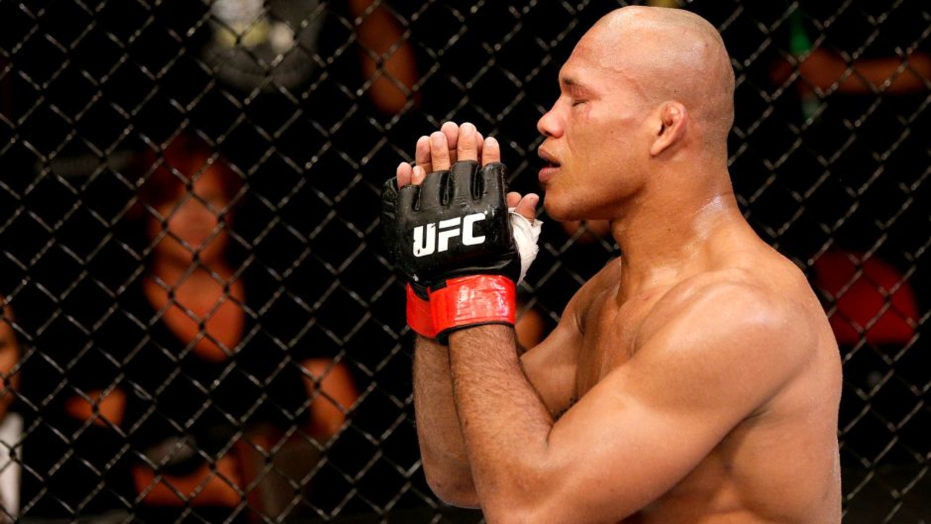 MASHANTUCKET, CT - SEPTEMBER 05: Ronaldo 'Jacare' Souza celebrates after defeating Gegard Mousasi by guilluotine choke in their middleweight bout during the UFC Fight Night event at Foxwoods Resort Casino on September 5, 2014 in Mashantucket, Connecticut. (Photo by Josh Hedges/Zuffa LLC/Zuffa LLC via Getty Images)