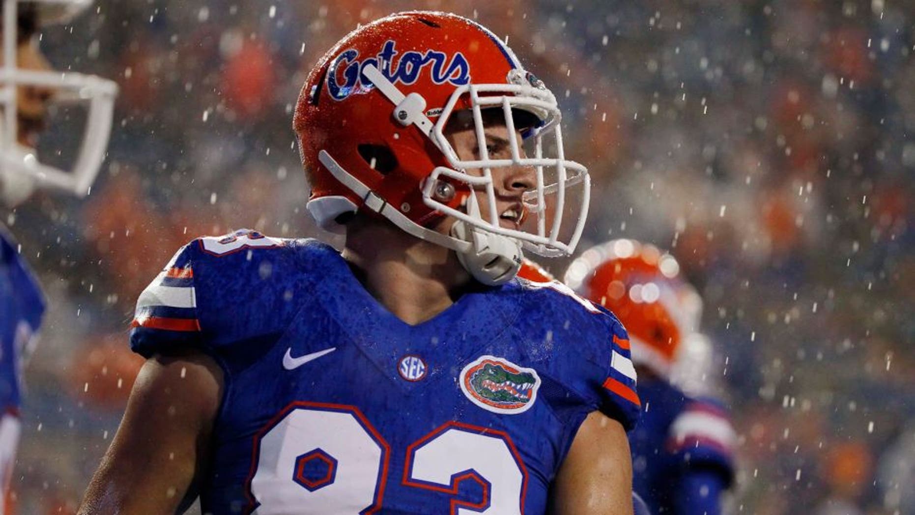 Aug 30, 2014; Gainesville, FL, USA; Florida Gators tight end Jake McGee (83) warms up before the game against the Idaho Vandals at Ben Hill Griffin Stadium. Mandatory Credit: Kim Klement-USA TODAY Sports