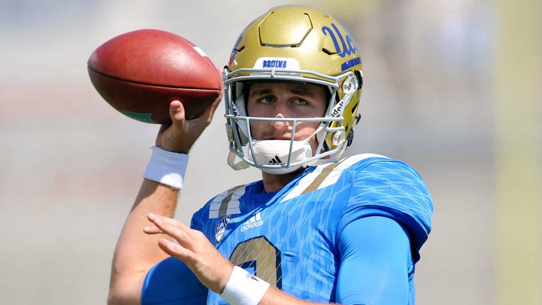 September 5, 2015; Pasadena, CA, USA; UCLA Bruins quarterback Josh Rosen (3) before playing against the Virginia Cavaliers at the Rose Bowl. Mandatory Credit: Gary A. Vasquez-USA TODAY Sports