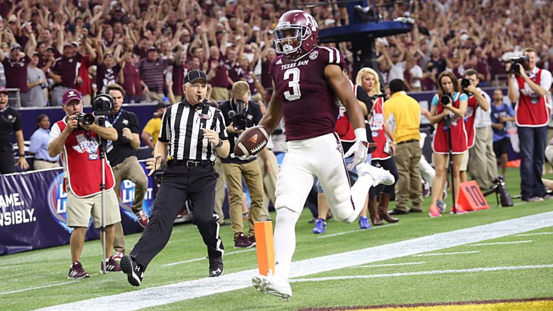 Sep 5, 2015; Houston, TX, USA; Texas A&M Aggies wide receiver Christian Kirk (3) returns a punt return for a 79 yard touchdown against the Arizona State Sun Devils in the second quarter at NRG Stadium. Mandatory Credit: Thomas B. Shea-USA TODAY Sports