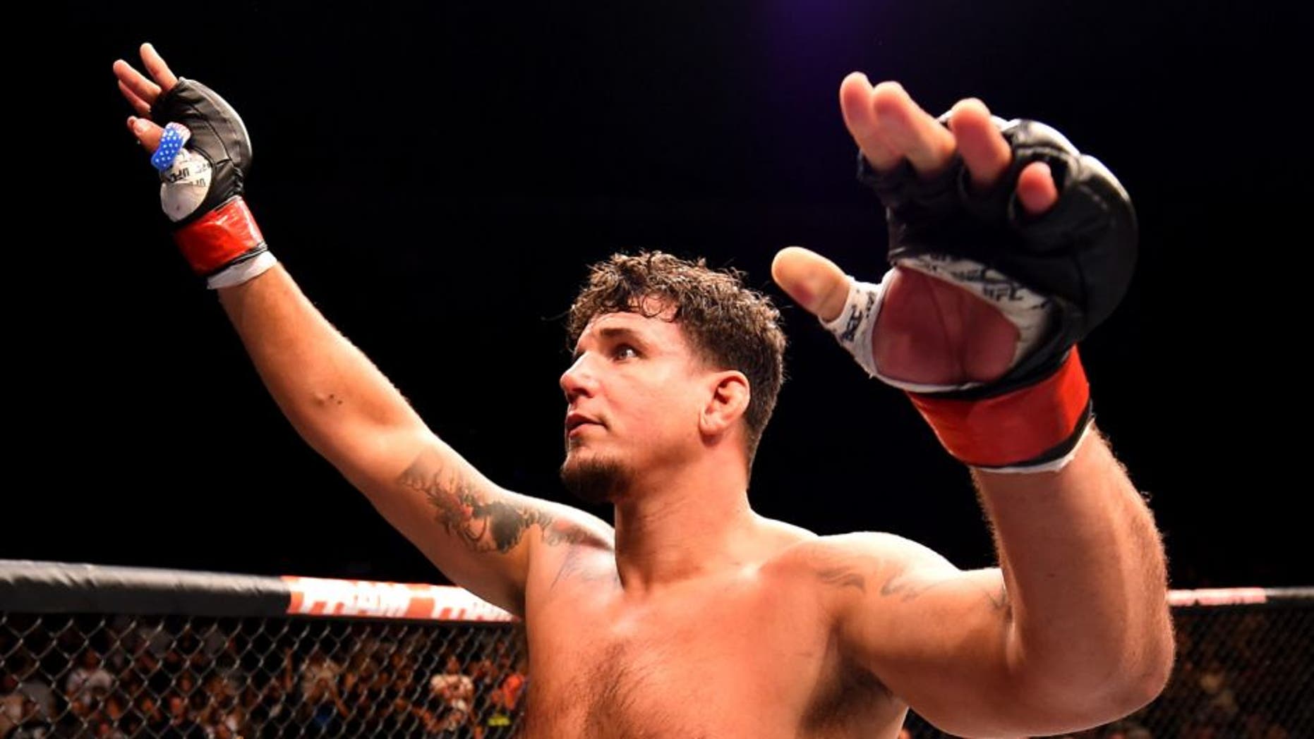 SAN DIEGO, CA - JULY 15: Frank Mir celebrates his knockout victory over Todd Duffee in their heavyweight bout during the UFC event at the Valley View Casino Center on July 15, 2015 in San Diego, California. (Photo by Jeff Bottari/Zuffa LLC/Zuffa LLC via Getty Images)