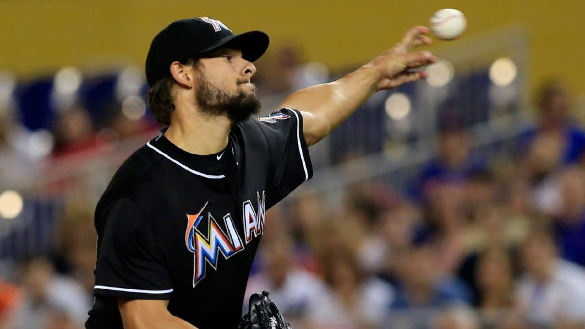 Sep 5, 2015; Miami, FL, USA; Miami Marlins pitcher Brad Hand (52) throws a pitch in the first inning of a game against the New York Mets at Marlins Park. Mandatory Credit: Robert Mayer-USA TODAY Sports
