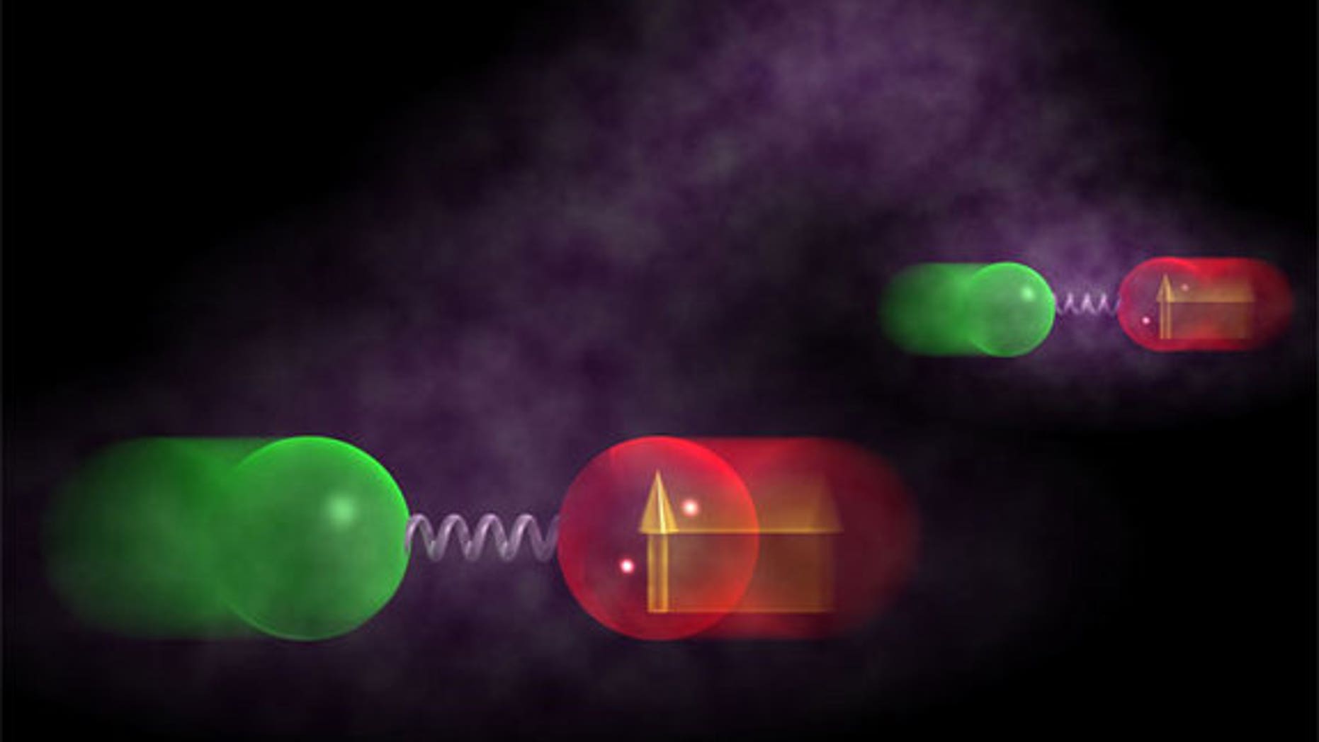 According to quantum mechanics, two or more particles can become "entangled" so that even after they are separated in space, when an action is performed on one particle, the other particle responds immediately. (Shown here, two entangled mecha