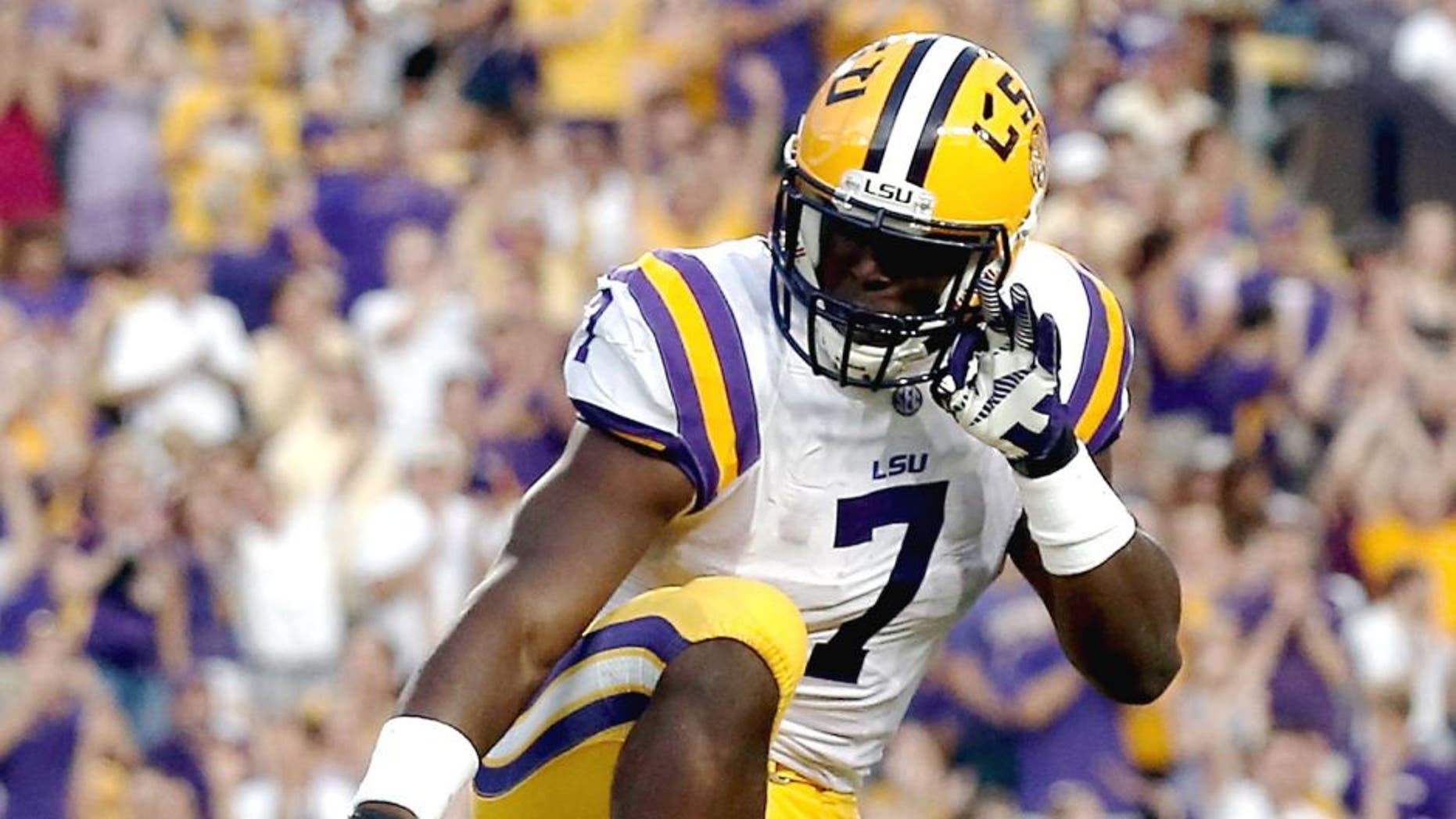 BATON ROUGE, LA - SEPTEMBER 06: Leonard Fournette #7 of the LSU Tigers reacts to a touchdown during the first quarter against the Sam Houston State Bearkats at Tiger Stadium on September 6, 2014 in Baton Rouge, Louisiana. (Photo by Stacy Revere/Getty Images)